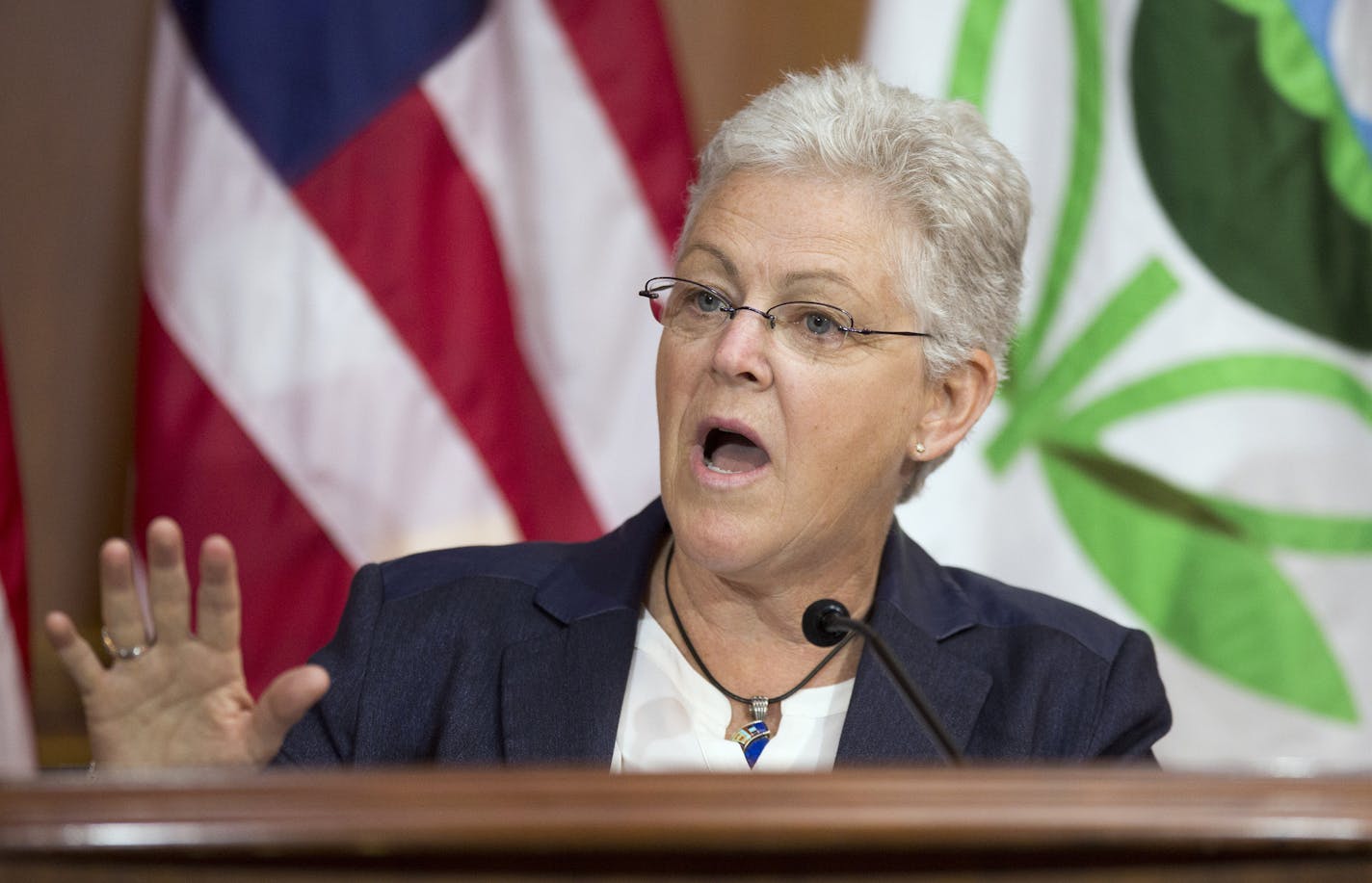 Environmental Protection Agency (EPA) Administrator Gina McCarthy gestures during an announcement of a plan to cut carbon dioxide emissions from power plants by 30 percent by 2030, Monday, June 2, 2014, at EPA headquarters in Washington. In a sweeping initiative to curb pollutants blamed for global warming, the Obama administration unveiled a plan Monday that cuts carbon dioxide emissions from power plants by nearly a third over the next 15 years, but pushes the deadline for some states to compl