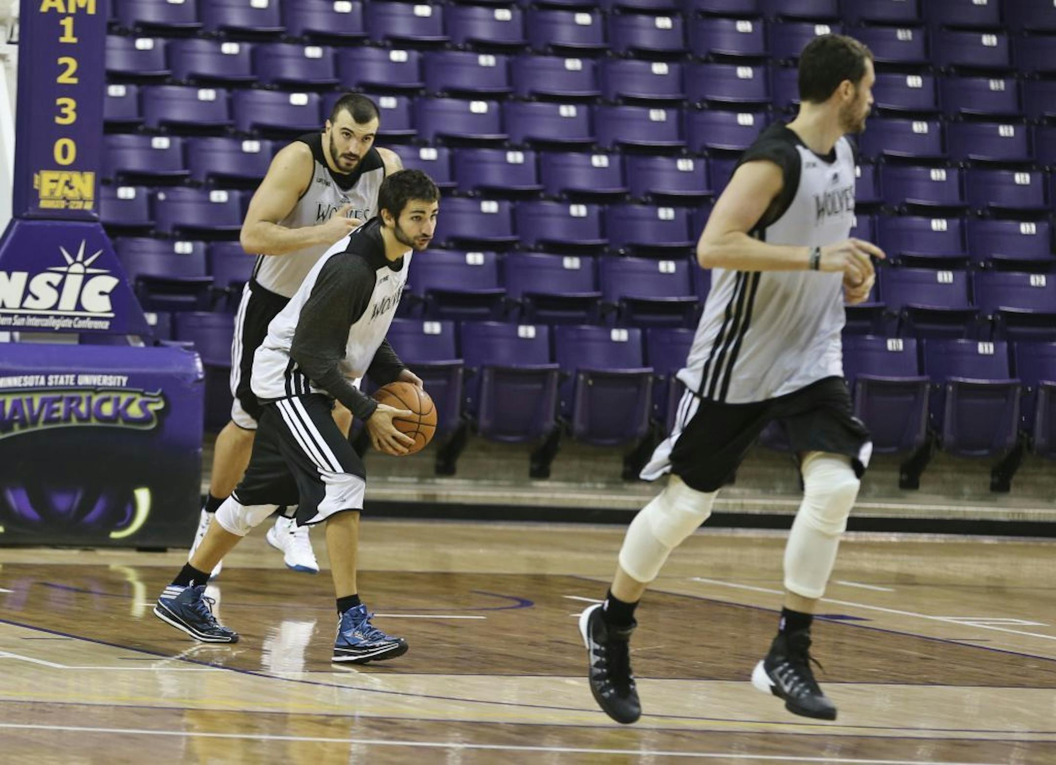 Nikola Pekovic, Ricky Rubio and Kevin Love during training camp in Mankato, Minn., on Wednesday, October 2, 2013.