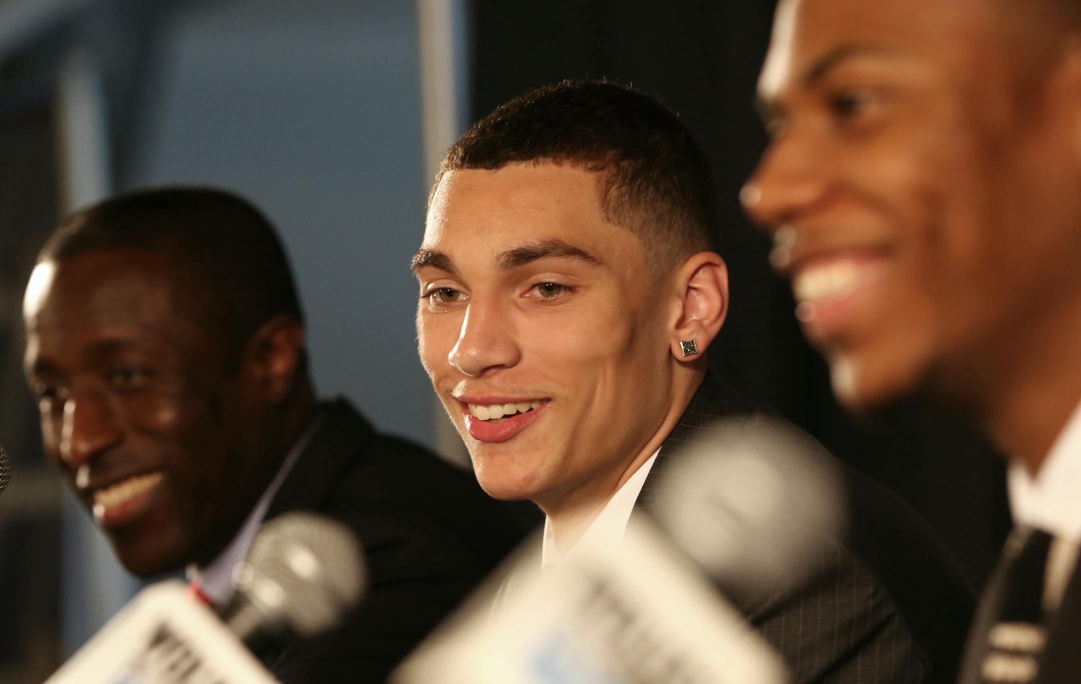 (left to right) Milt Newton, Wolves newly-acquired guard Zach LaVine (13th pick in 2014 NBA Draft), forward Glenn Robinson III (40th overall pick) were all smiles as the new players were introduced to the media during a press conference at Target Center on 6/23/14. Milt Newton, Zach LaVine, Glenn Robinson/source.