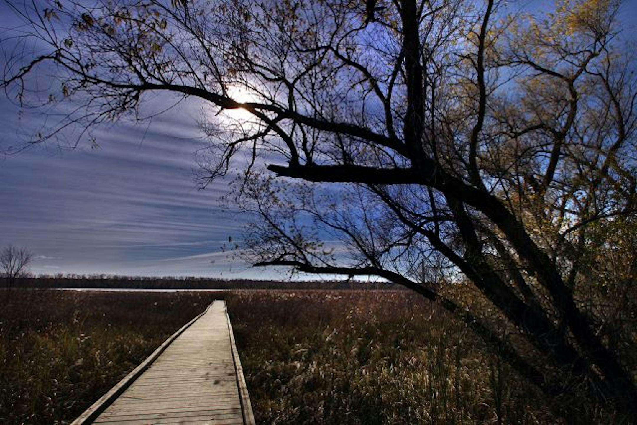 A wooden walkway at the Minnesota Valley National Wildlife Refuge leads to a view of the Old Cedar Avenue bridge, which closed in 2002.