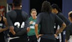 At the Lynx practice facility of the Mayo Clinic Square in Minneapolis, head coach Cheryl Reeve heads a team meeting.
