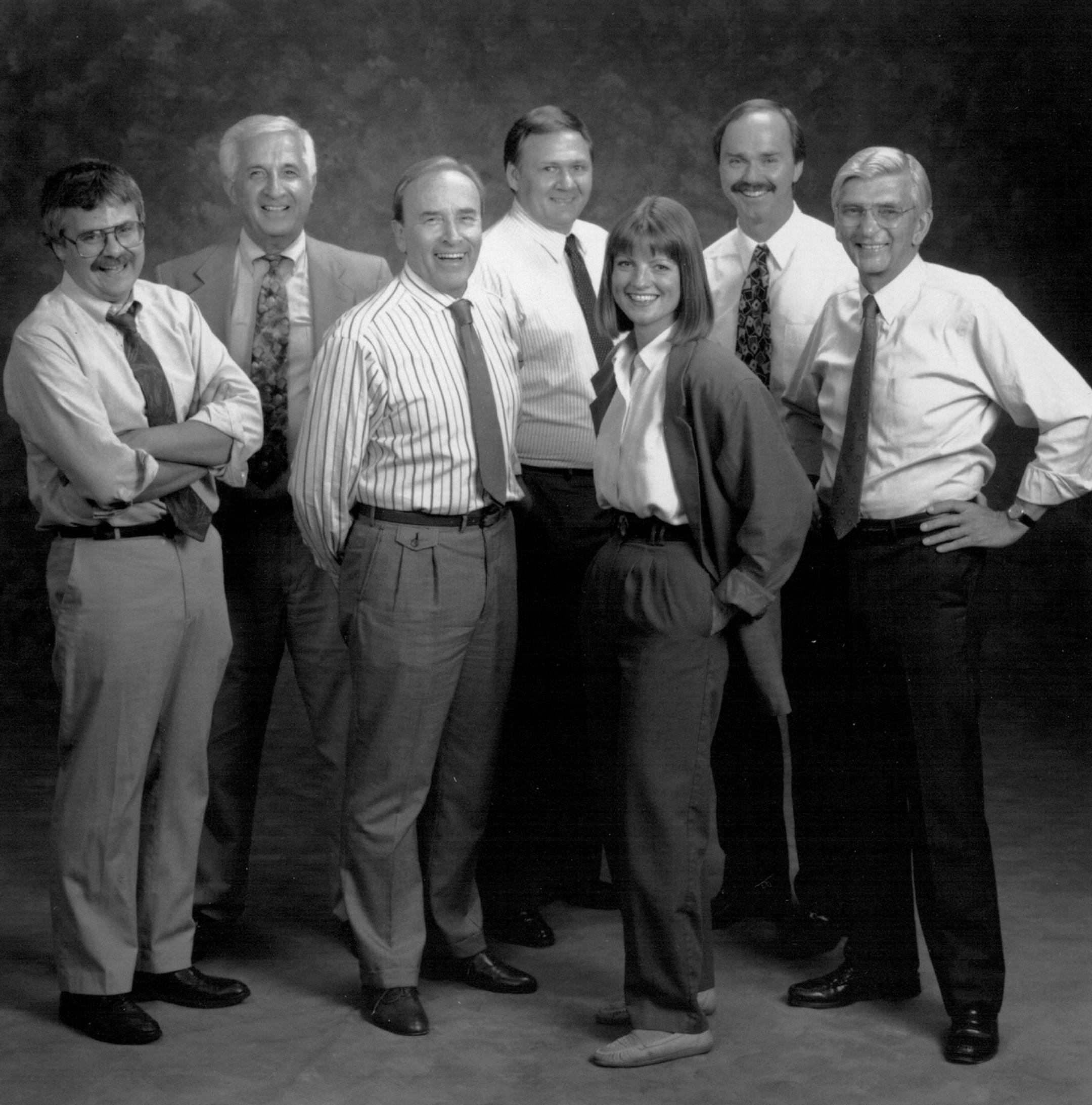 January 1993 The Good Morning Show. From left: Eric Eskola, Sid Hartman, Charlie Boone, Roger Strom, Karen Fioon, Dave Lee, Roger Erickson WCCO Radio 8-3-0.