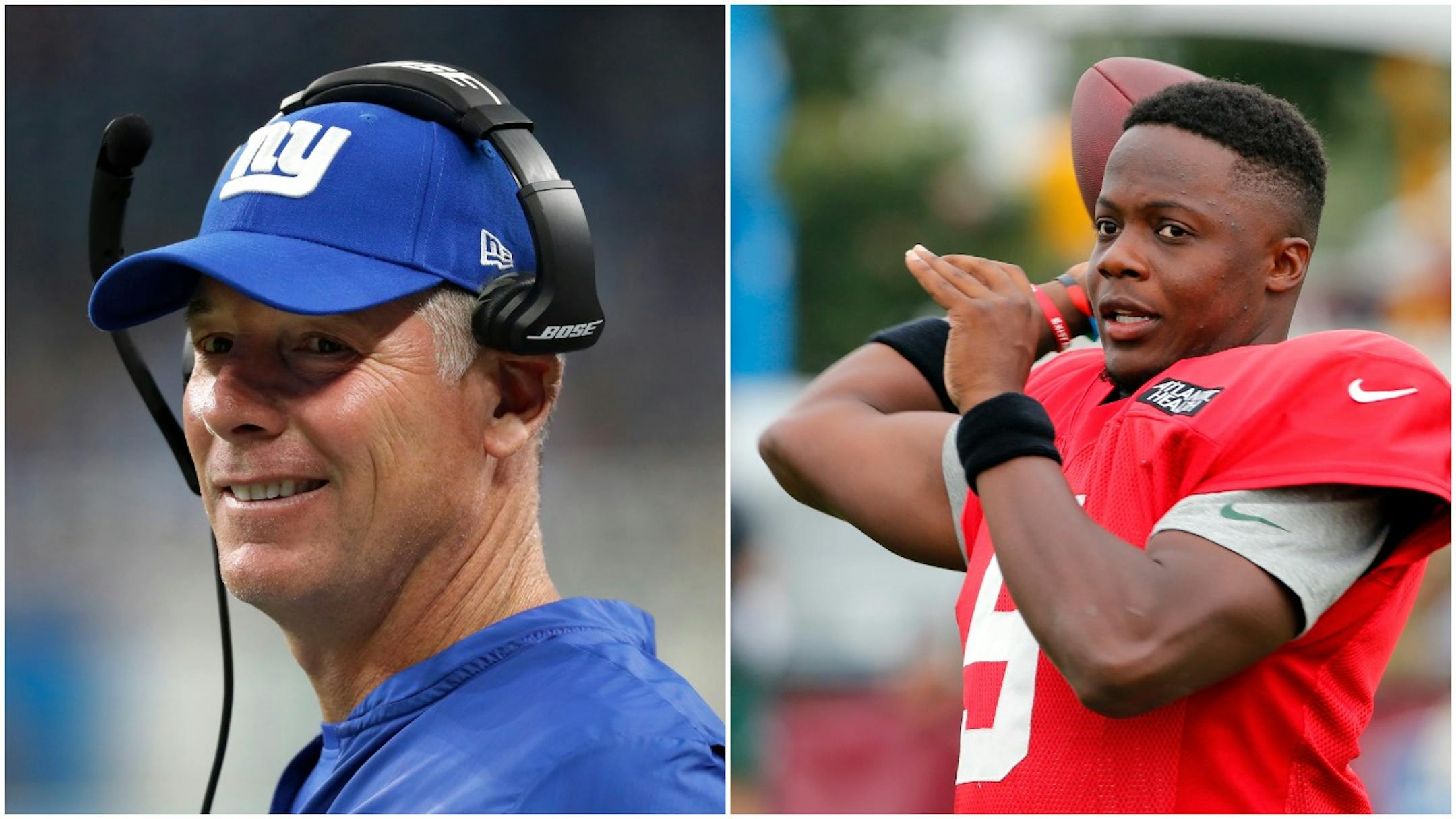 Former Vikings offensive coordinator and current Giants coach Pat Shurmur, left, and former VIkings quarterback and current Jet Teddy Bridgewater