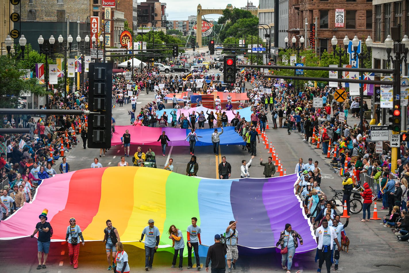 The Rainbow flag, Bi flag, Trans flag and Leather flag at the start of the Pride parade down Hennepin Ave, Minneapolis. ] GLEN STUBBE � glen.stubbe@startribune.com Sunday June 25, 2017 Coverage of annual Twin Cities Gay Pride Parade. Goes down Hennepin. News things to watch for are the aftermath of the cops being disinvited from marching (as of this writing, the parade organizers still hadn't reversed their decision. If they do, that will be good to get shots of the police contingent in the para