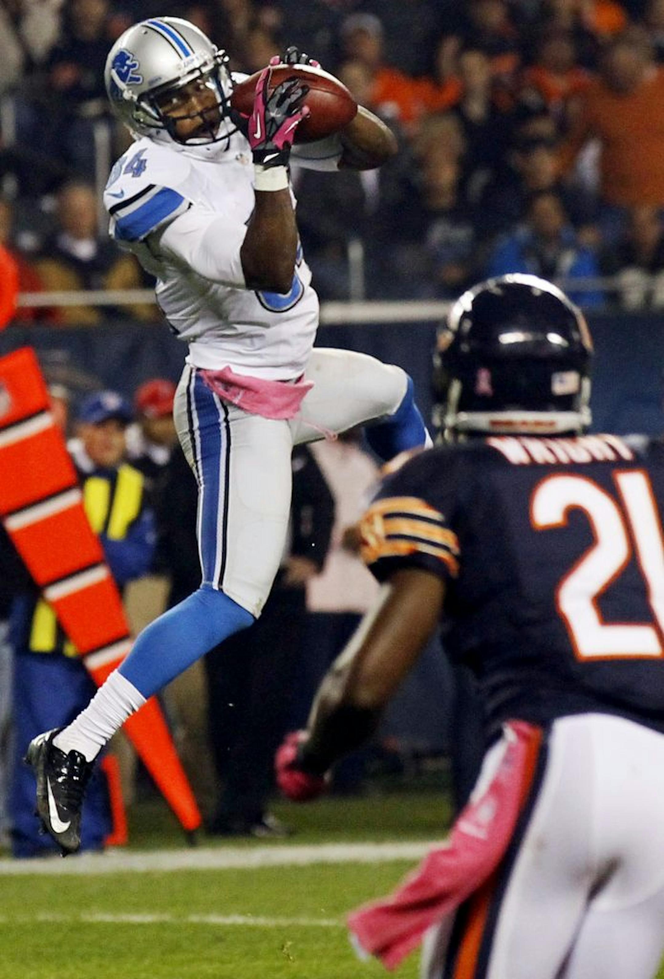 Detroit Lions wide receiver Ryan Broyles (84) makes a catch in the second half of an NFL football game against the Chicago Bears in Chicago, Monday, Oct. 22, 2012. The Bears won 13-7.