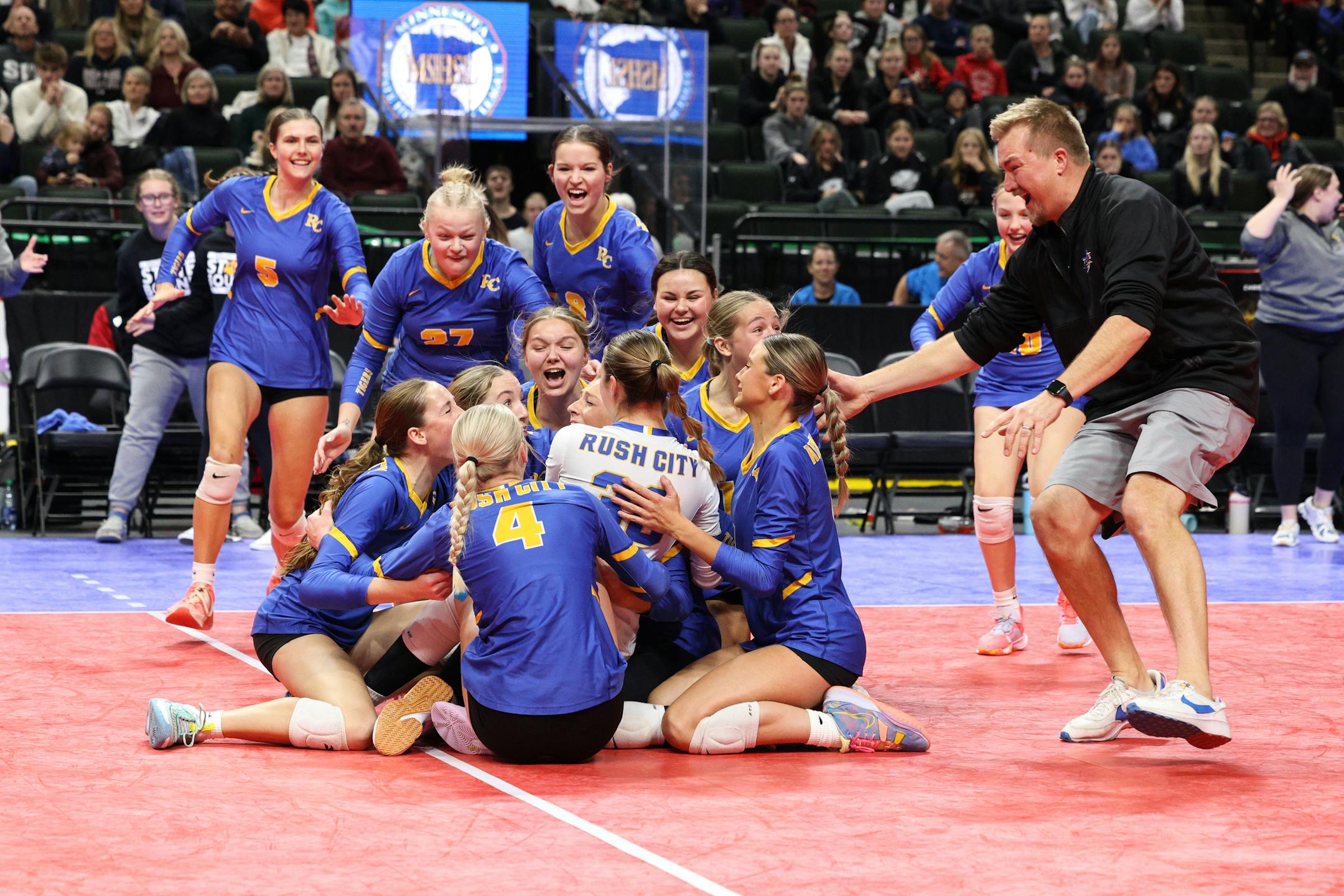 Rush City celebrates taking down the top seed, Southwest Christian in three sets. (26-24, 25-22, 25-19) to advance to Saturday's Class 2A championship at Excel Energy Center. Photo by Cheryl A. Myers, Special to the Star Tribune