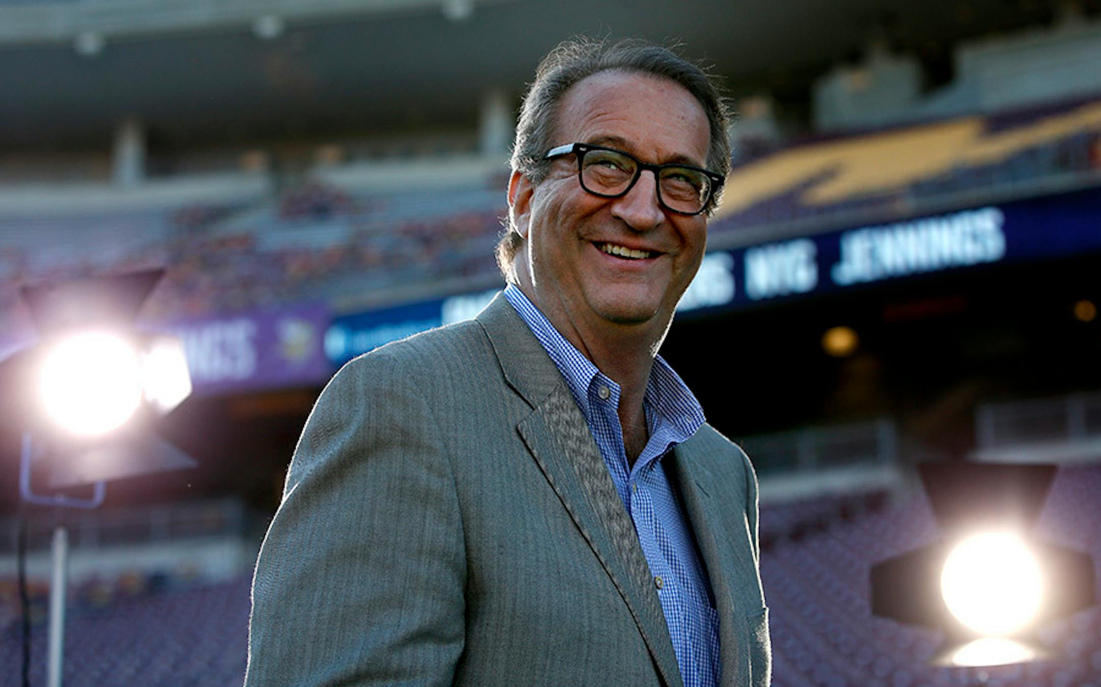 WCCO sports director Mark Rosen prepared for a pregame broadcast from the sidelines of TCF Bank Stadium before the Vikings vs. Lions game.
