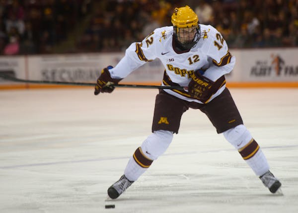Justin Holl shoots the puck in the first period of the Minnesota Gophers men's hockey game vs. Michigan Wolverines on Saturday, February 15, 2014 in M