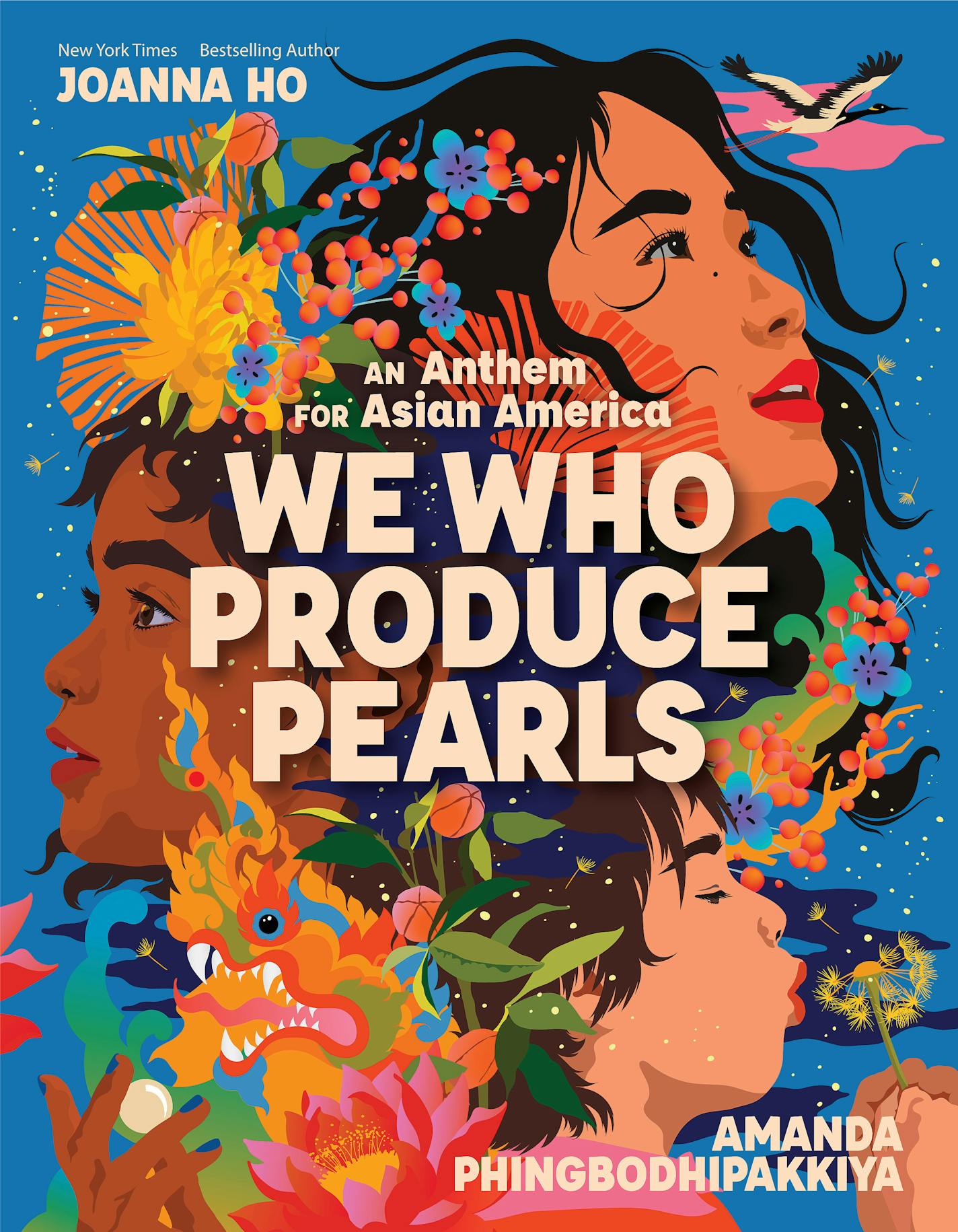 cover of "We Who Produce Pearls" is a painting of faces against a blue backdrop