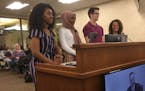SSP students Naomi Gedey, Hafsa Ahmad, Emiliano Granados and teacher Jessica Davis spoke before the board Monday night, seeking to wear sashes at grad