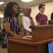 SSP students Naomi Gedey, Hafsa Ahmad, Emiliano Granados and teacher Jessica Davis spoke before the board Monday night, seeking to wear sashes at grad