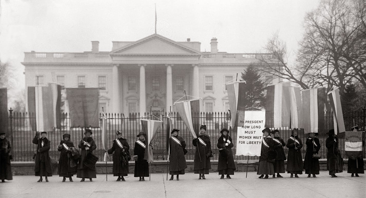 This undated image released by PBS shows Suffragists picketing outside the White House, used in "The Vote," a two-part, four-hour PBS documentary marking the 100th anniversary of the 19th Amendment that gave women the vote. The documentary airs Monday and Tuesday on PBS' "American Experience." (PBS via AP)