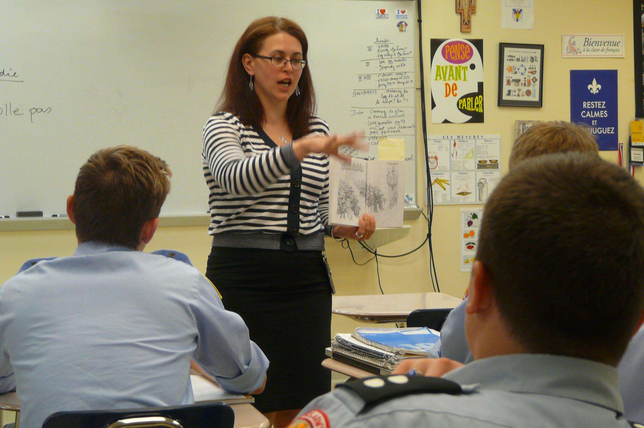 Caroline Little, the only French teacher at St. Thomas Academy in Mendota Heights, with an advanced class of high schoolers. She has been named the national French Teacher of the Year for secondary schools. Photo by David Peterson, david.a.peterson@startribune.com
