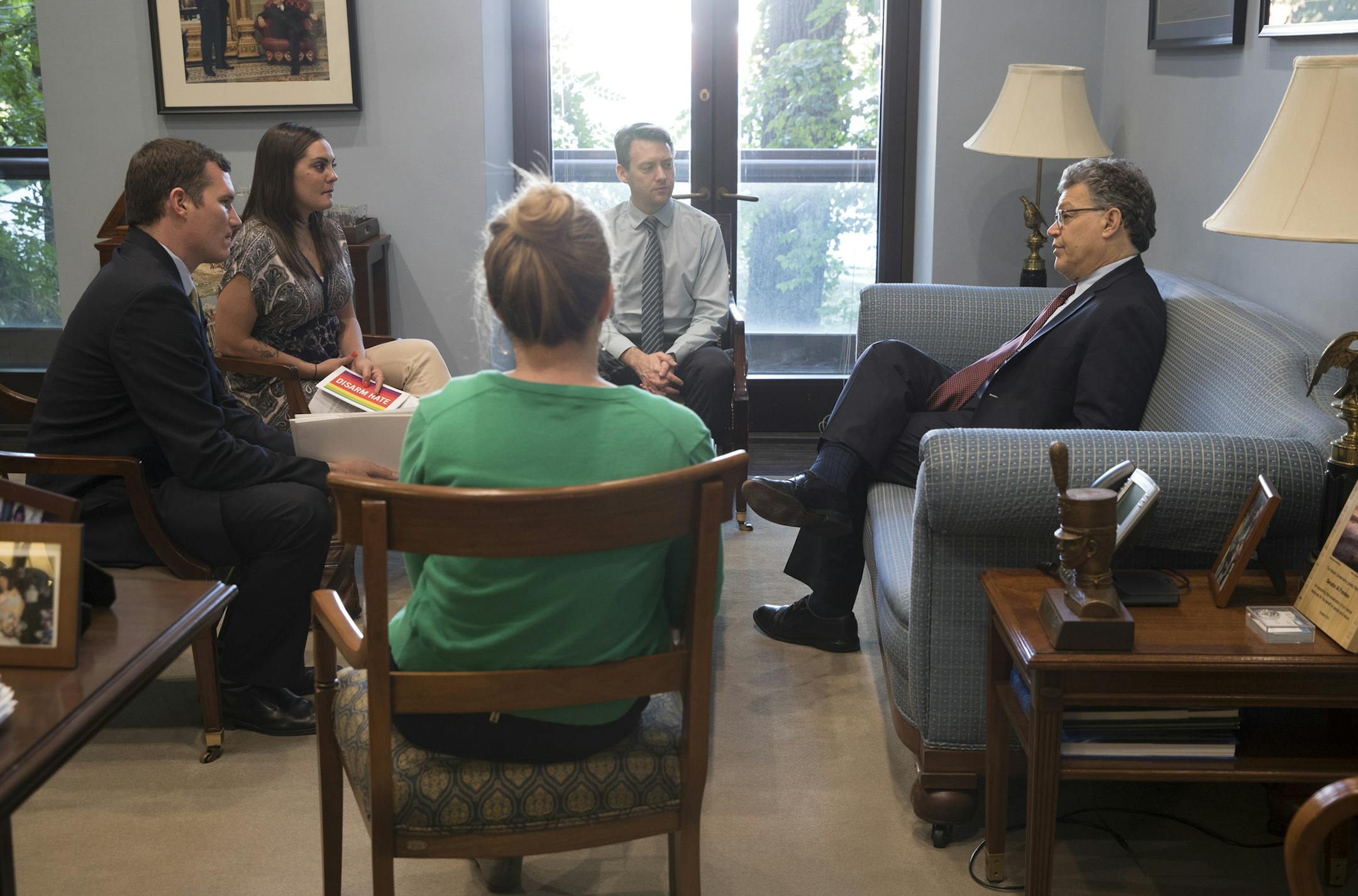 From left: Colin Goddard, of Everytown for Gun Safety, Erica Smegielski, daughter of slain Sandy Hook Elementary School principal Dawn Hochsprung, and Chris Kocher, of the Everytown Survivor Network, meet with Sen. Al Franken (D-Minn.) on Capitol Hill in Washington, June 20, 2016. A series of gun safety measures will hit the Senate floor Monday night ó two offered by Democrats and two by Republicans ó in response to the mass shooting in Orlando, Fla. (Stephen Crowley/The New York Times