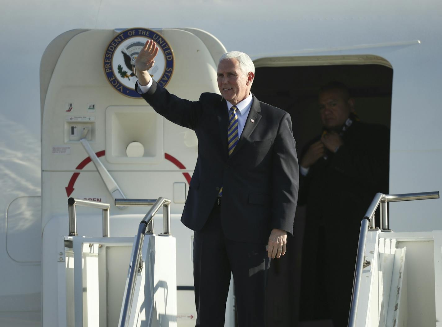 Vice President Mike Pence waved to the crowd of guests waiting to greet him at the Minnesota National Guard's 934th Airlift Wing on Tuesday afternoon.