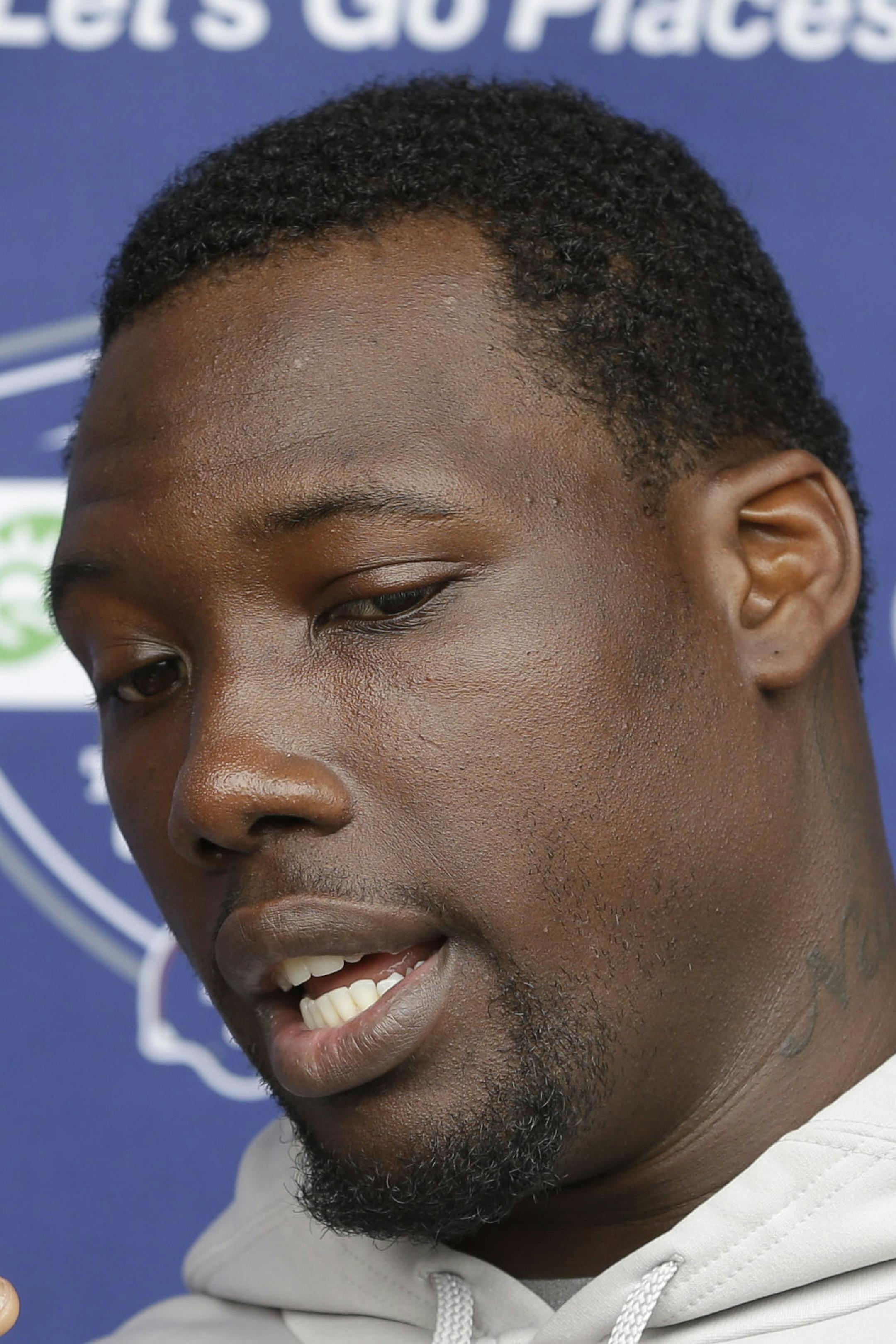 FILE - This is a July 24, 2014, file photo showing New York Giants' Jason Pierre-Paul talking to reporters during an NFL football camp in East Rutherford, N.J. The Giants are aware of an incident involving Jason Pierre-Paul and fireworks, but the team is unsure about the severity of any injuries to the star defensive end, a person with knowledge of the incident tells The Associated Press on Monday, July 6, 2015. The person spoke on condition of anonymity because no information has been released