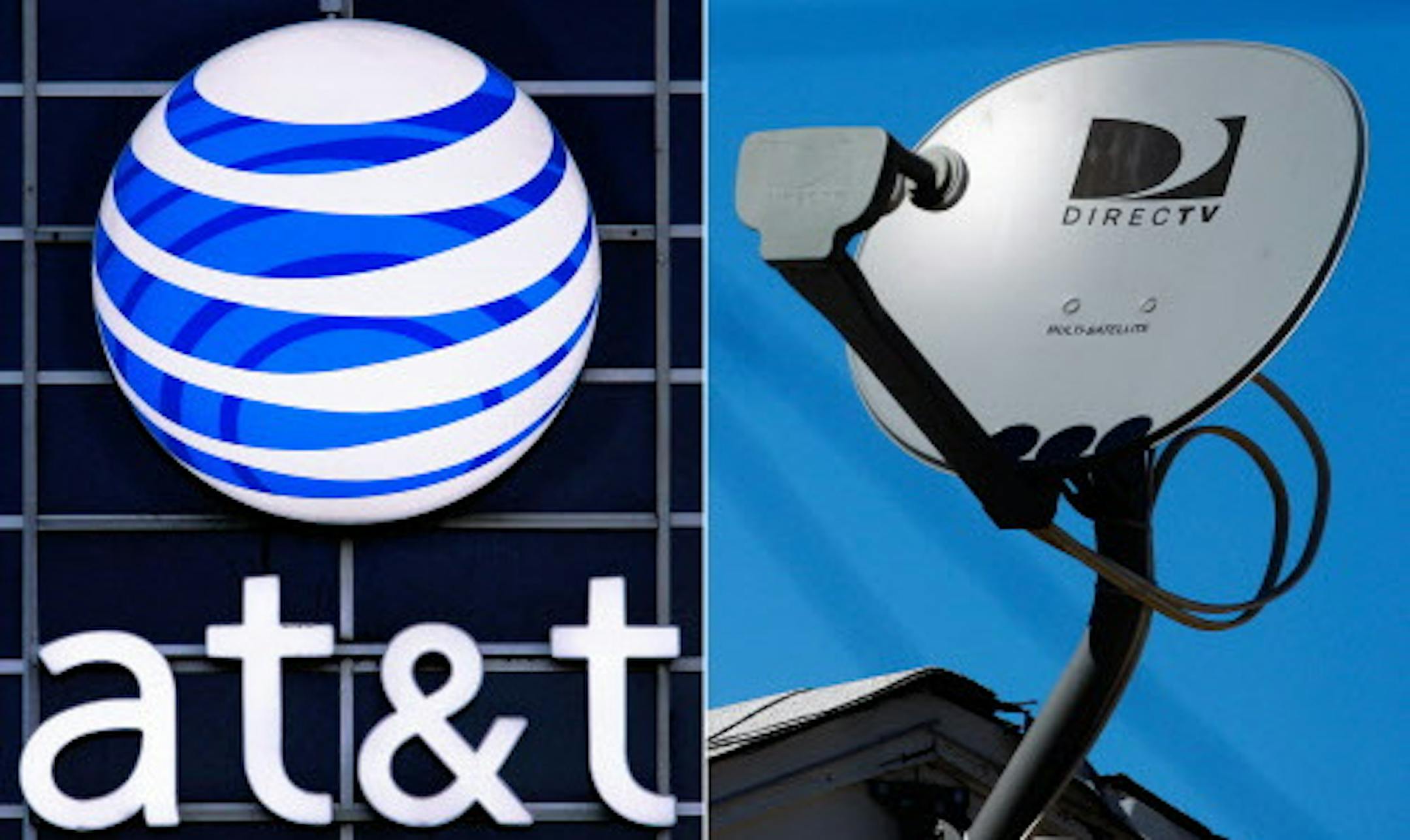 The AT&T logo on the side of a corporate office in Springfield, Ill., left, and a DirecTV satellite dish atop a home in Los Angeles.