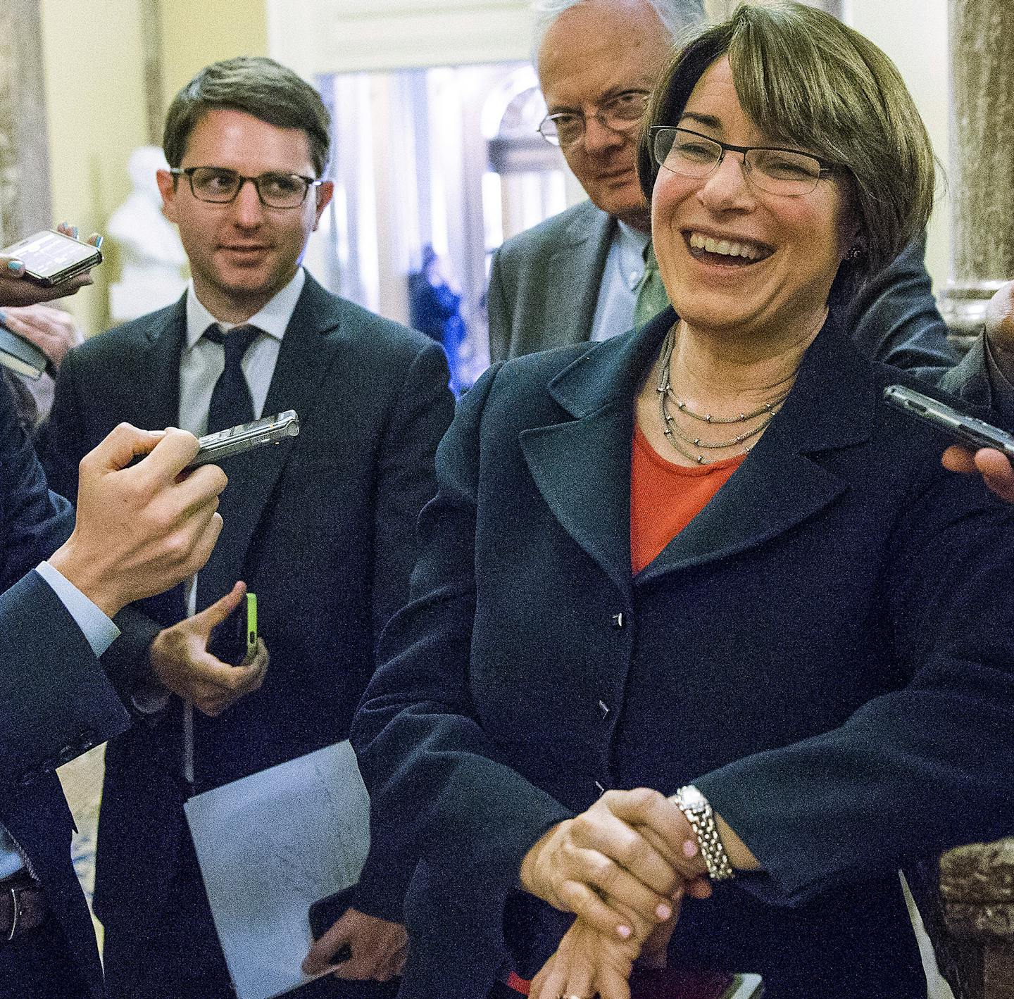 Sen. Amy Klobuchar (D-Minn.) speaks to reporters about a deal that has been reached to resolve a dispute over a sex trafficking bill, at the U.S. Capitol in Washington, April 21, 2015. After weeks of difficult negotiations, the Senate on Tuesday reached an agreement on the bill, paving the way for a confirmation vote on Loretta Lynch to replace Eric Holder as attorney general. &#xec;Today marks a major milestone in our fight against sex trafficking," said Klobuchar. (Doug Mills/The New York Time