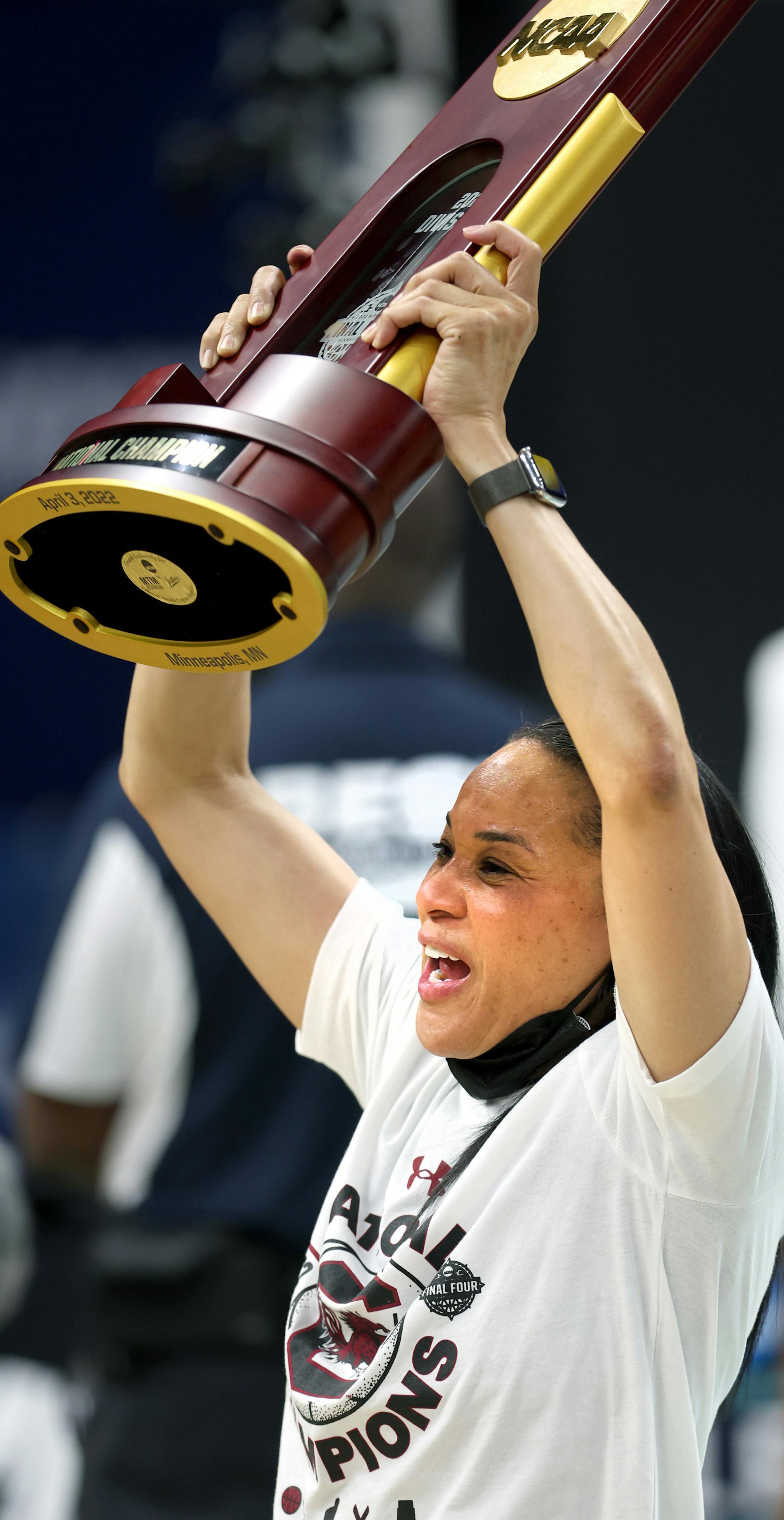 South Carolina coach Dawn Staley celebrated with the Championship trophy.