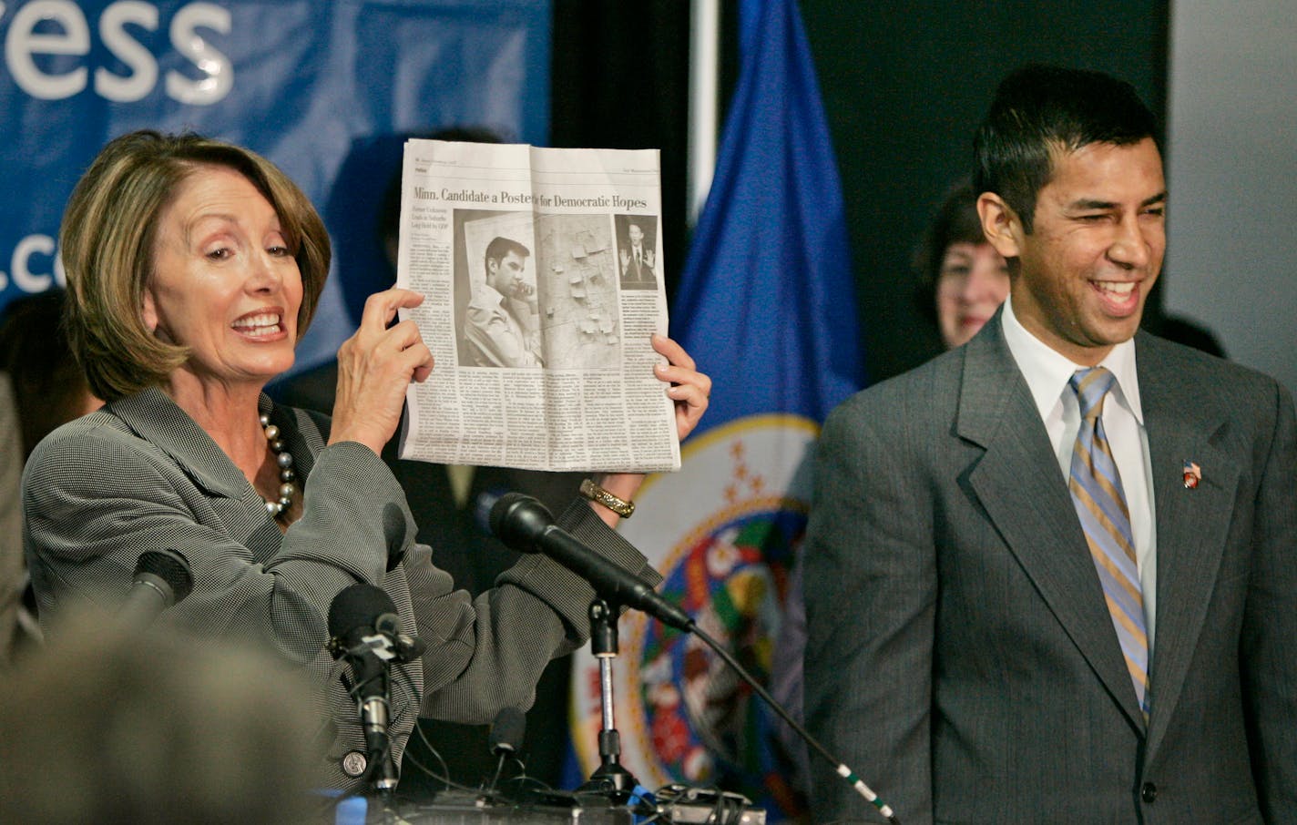 House Speaker Nancy Pelosi joined Ashwin Madia, right, on Monday in Bloomington to help his congressional campaign. Today, Sen. Hillary Rodham Clinton is to appear for DFL Senate candidate Al Franken.