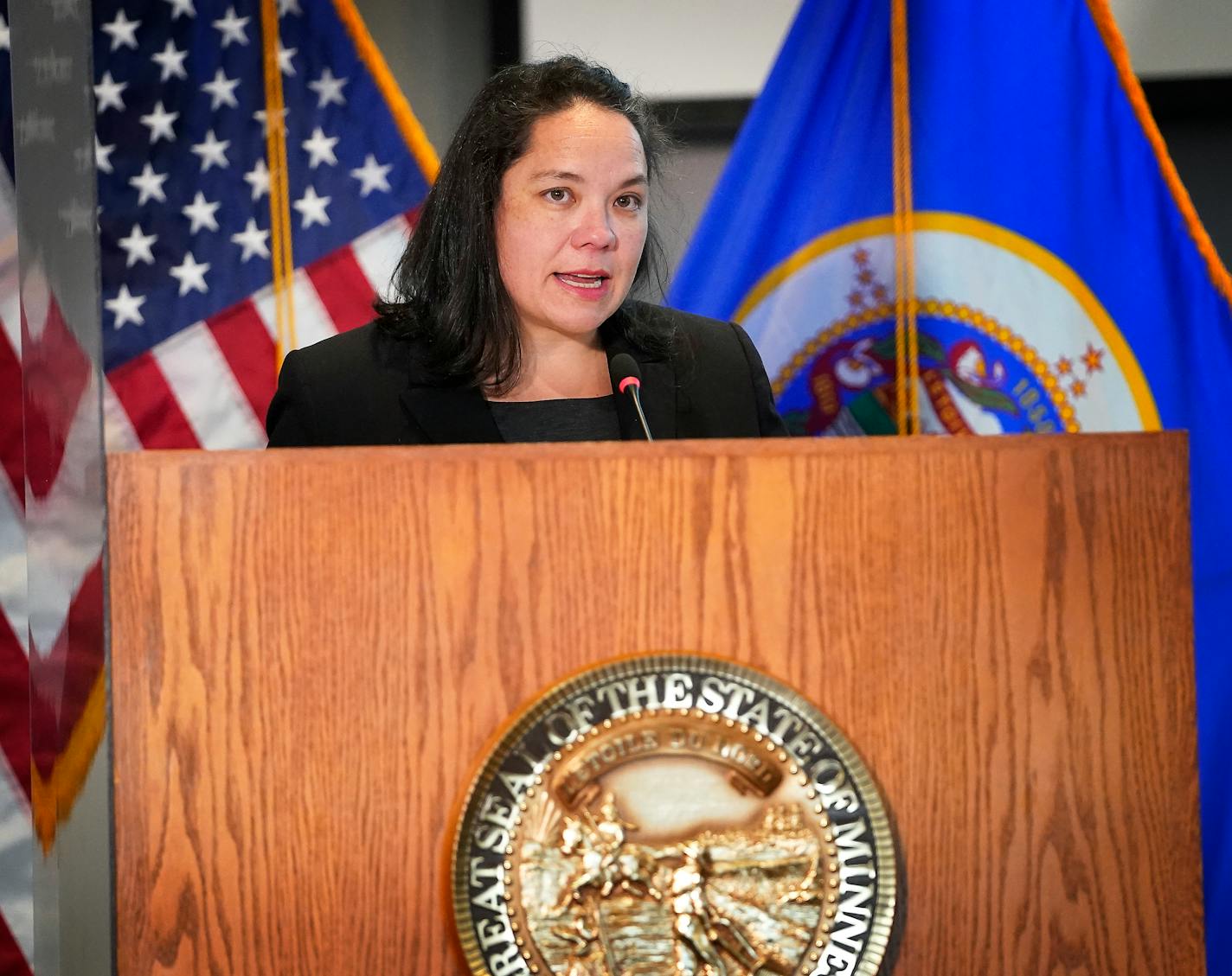 Human Rights Commissioner Rebecca Lucero delivers the findings of an investigation into the Minneapolis Police Department in April 2022. The investigation found the MPD engaged in racial discrimination while violating state civil rights law.