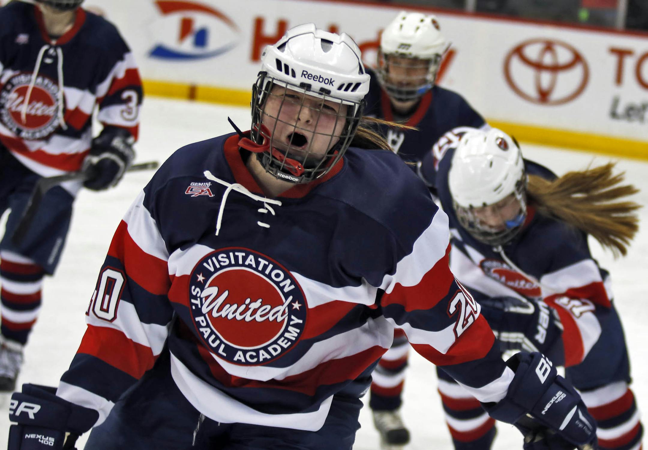 Girls Class 1A Hockey quarterfinals - St. Paul United vs. Proctor/Hermantown Mirage. United's Lauren Boettcher (20) celebrated her first period goal. (MARLIN LEVISON/STARTRIBUNE(mlevison@startribune.com)