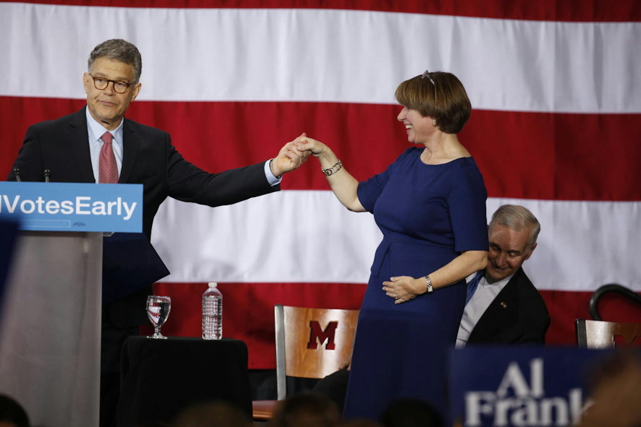Sens. Al Franken and Amy Klobuchar appeared together in St. Paul in 2014.