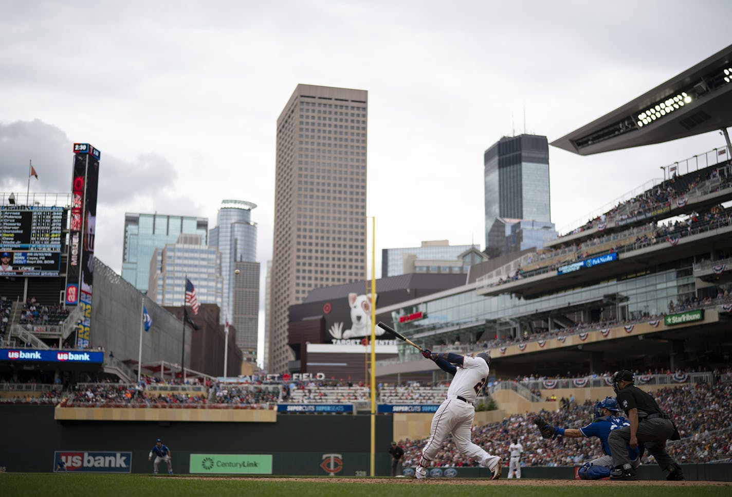 Minnesota Twins third baseman Miguel Sano slaps his second home run of the day, a solo shot to left center in the third inning. The Minnesota Twins plays the Kansas City Royals in their final MLB home game of the regular season Sunday afternoon, September 22, 2019 at Target Field in Minneapolis, MN. (Jeff Wheeler/Minneapolis Star Tribune/TNS) ORG XMIT: 1439177