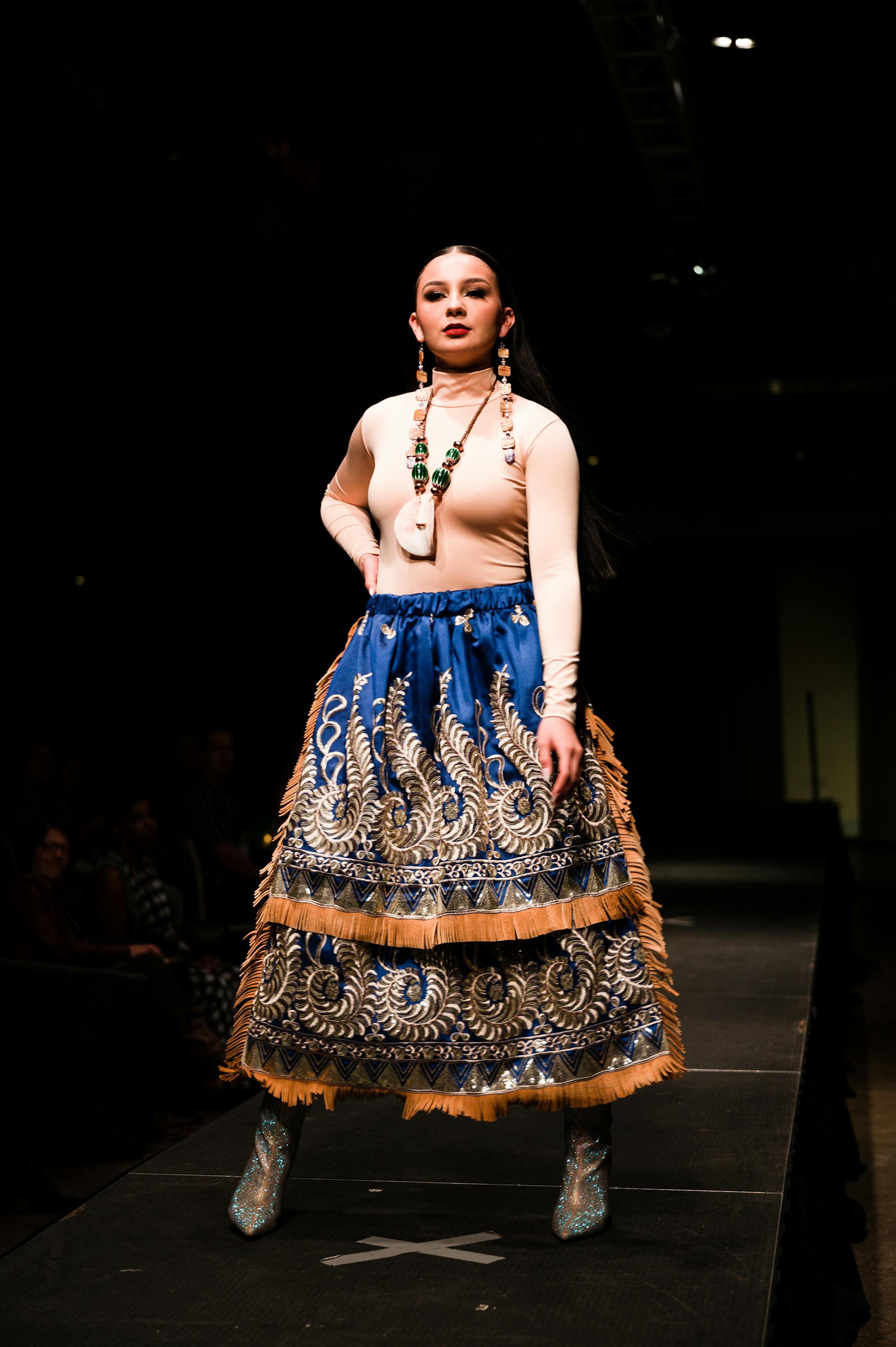 A model wore creations by designer Delina White at the Native Star Light fashion show held in April in Minneapolis. White, who lives in the Onigum community on the Leech Lake reservation, has been producing fashion shows since 2015.