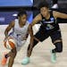 Lynx guard Crystal Dangerfield, left, moves around New York Liberty guard Layshia Clarendon during a game last month.