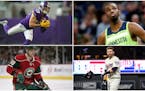 (Clockwise, top right) Timberwolves forward Andrew Wiggins, Twins second baseman Brian Dozier, former Wild wing Marian Gaborik and Vikings receiver Ad