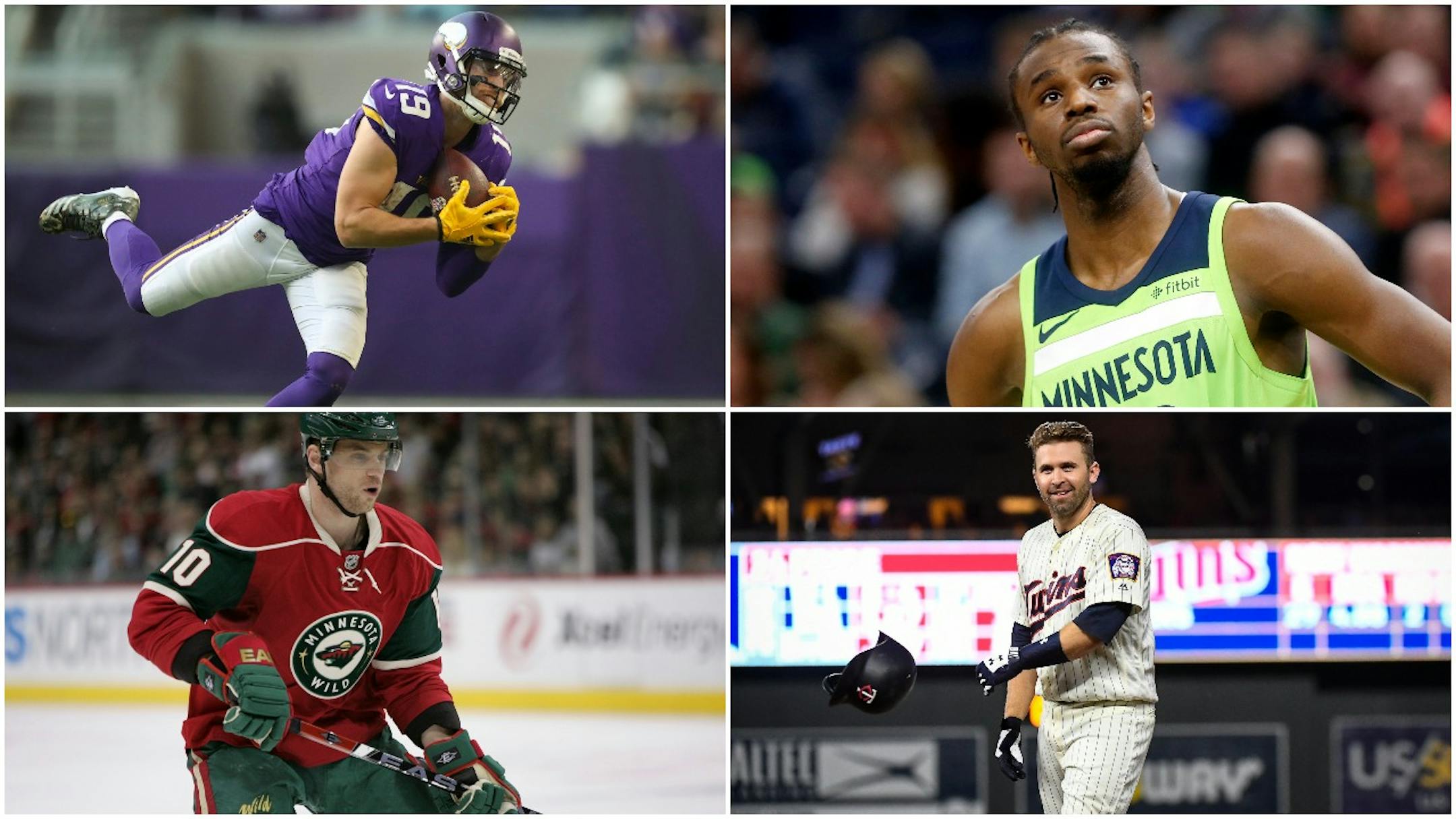 (Clockwise, top right) Timberwolves forward Andrew Wiggins, Twins second baseman Brian Dozier, former Wild wing Marian Gaborik and Vikings receiver Adam Thielen had varying degrees of expectations relative to their prospect status. Look at them now.