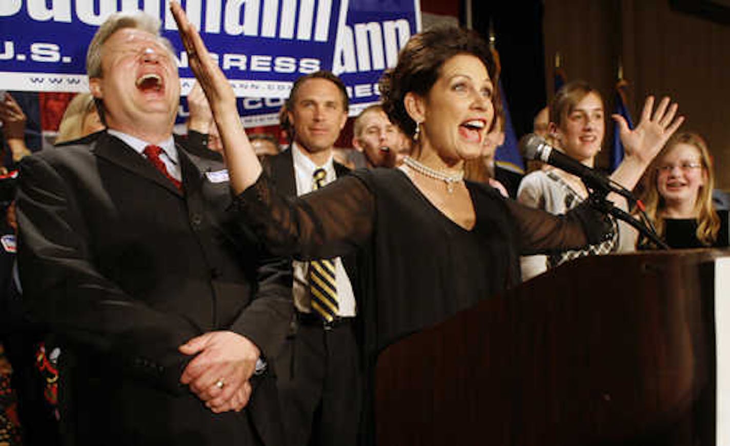 New Sen. Michele Bachmann celebrates her victory with her family and supporters Tuesday night.