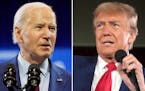 In this combination photo, President Joe Biden speaks May 2, 2024, in Wilmington, N.C., left, and Republican presidential candidate former President D