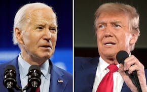 In this combination photo, President Joe Biden speaks May 2, in Wilmington, N.C., left, and Republican presidential candidate former President Donald