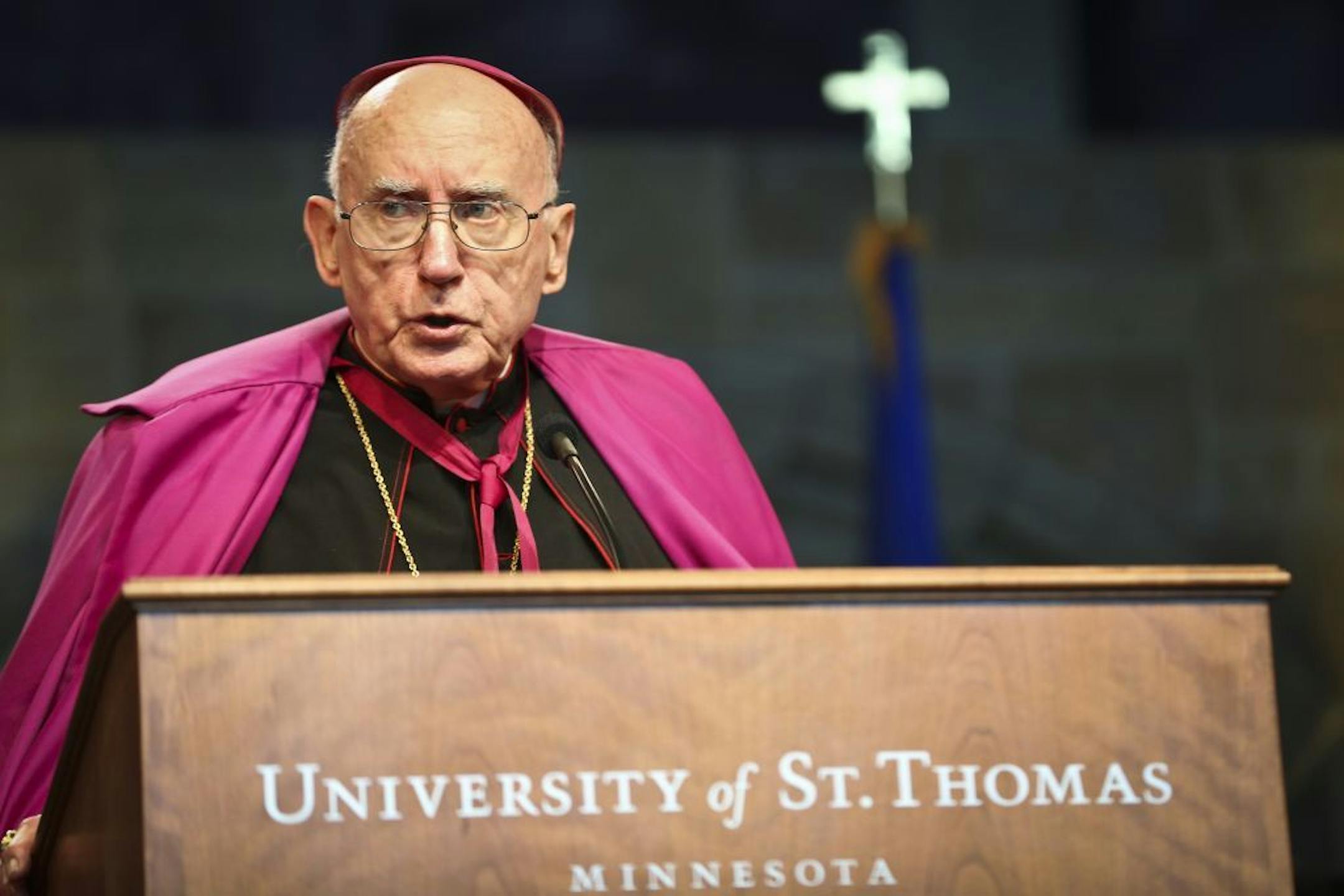 Rev. Harry J. Flynn gave the invocation at University of St. Thomas' new president Julie Sullivan's inauguration ceremony on Thursday, October 17, 2013 in St. Paul, Minn. Sullivan is the 15th president and only the third president at the university in the past 47 years.