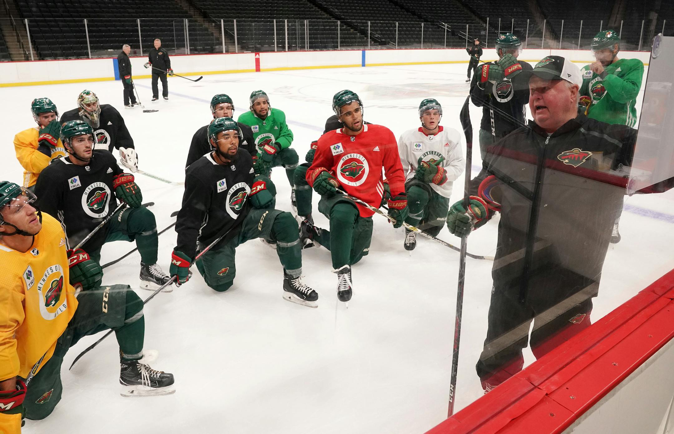 Minnesota Wild head coach Bruce Boudreau talked with his players between drills. ] ANTHONY SOUFFLE &#xef; anthony.souffle@startribune.com Players and coaches took part in the first day of the Minnesota Wild training camp Friday, Sept. 14, 2018 at the Xcel Energy Center in St. Paul, Minn.