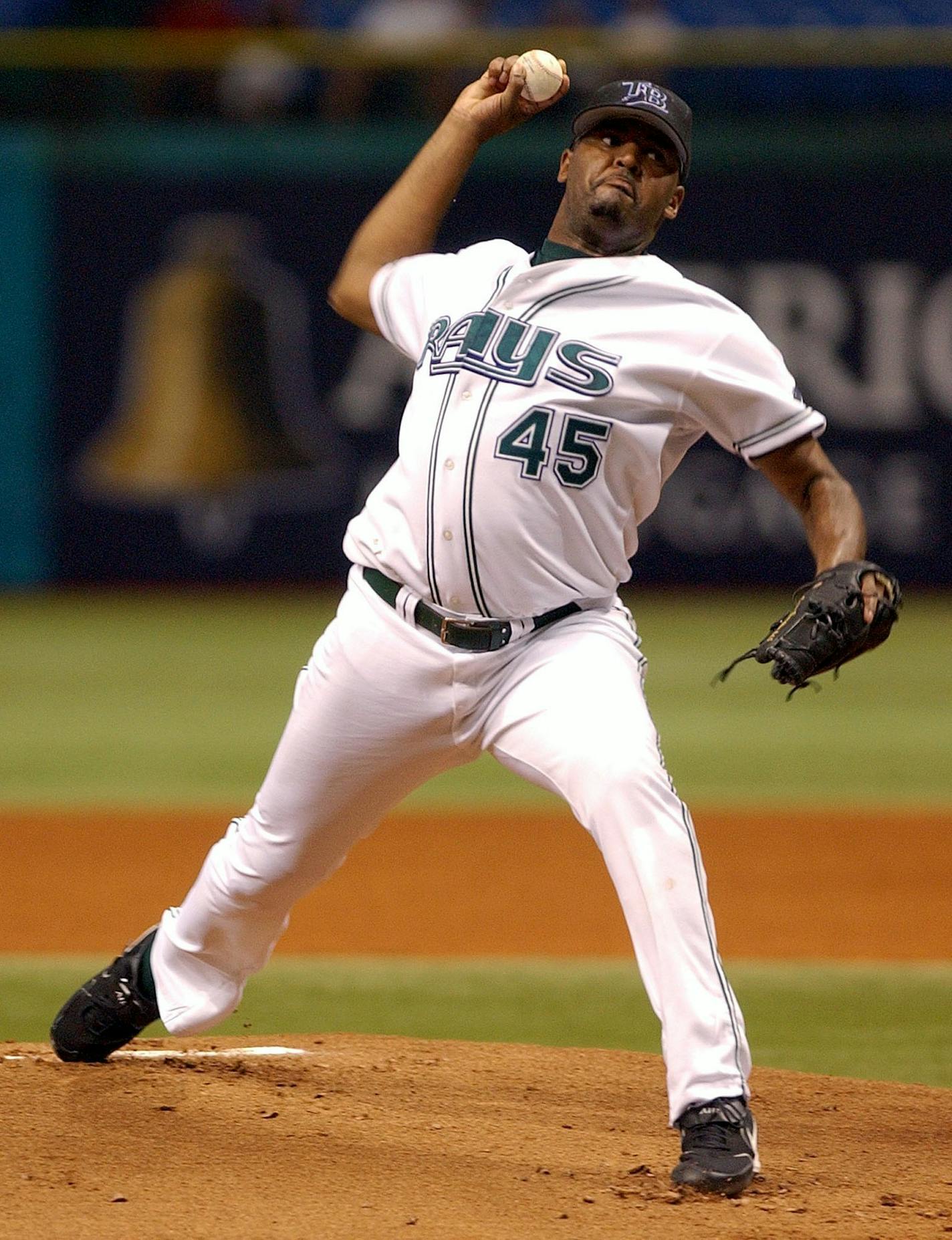 Tampa Bay Devil Rays starter Dewon Brazelton pitches against the Toronto Blue Jays during the first inning Saturday, Sept. 25, 2004, in St. Petersburg, Fla. (AP Photo/Steve Nesius) ORG XMIT: SPD101