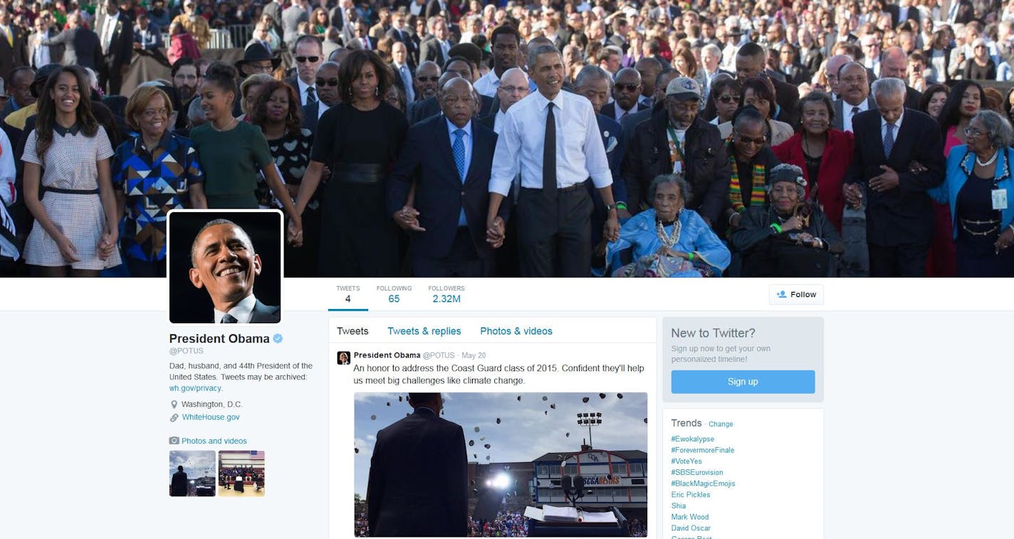 President joined Twitter using the @POTUS account on Monday, May 18, 2015.