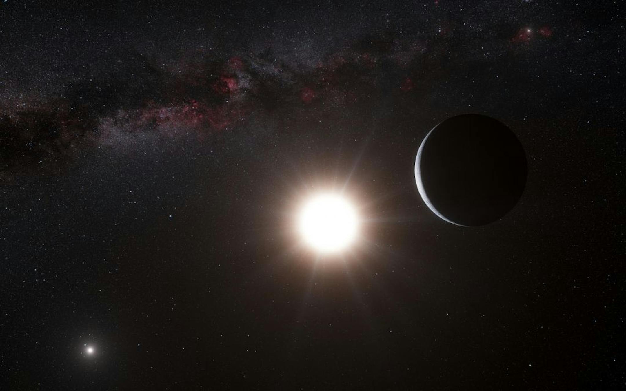 This artist�s impression made available by the European Southern Observatory on Tuesday, Oct. 16, 2012 shows a planet, right, orbiting the star Alpha Centauri B, center, a member of the triple star system that is the closest to Earth. Alpha Centauri A is at left. The Earth's Sun is visible at upper right. Searching across the galaxy for interesting alien worlds, scientists made a surprising discovery: a planet remarkably similar to Earth in a solar system right next door. Other Earth-like planet