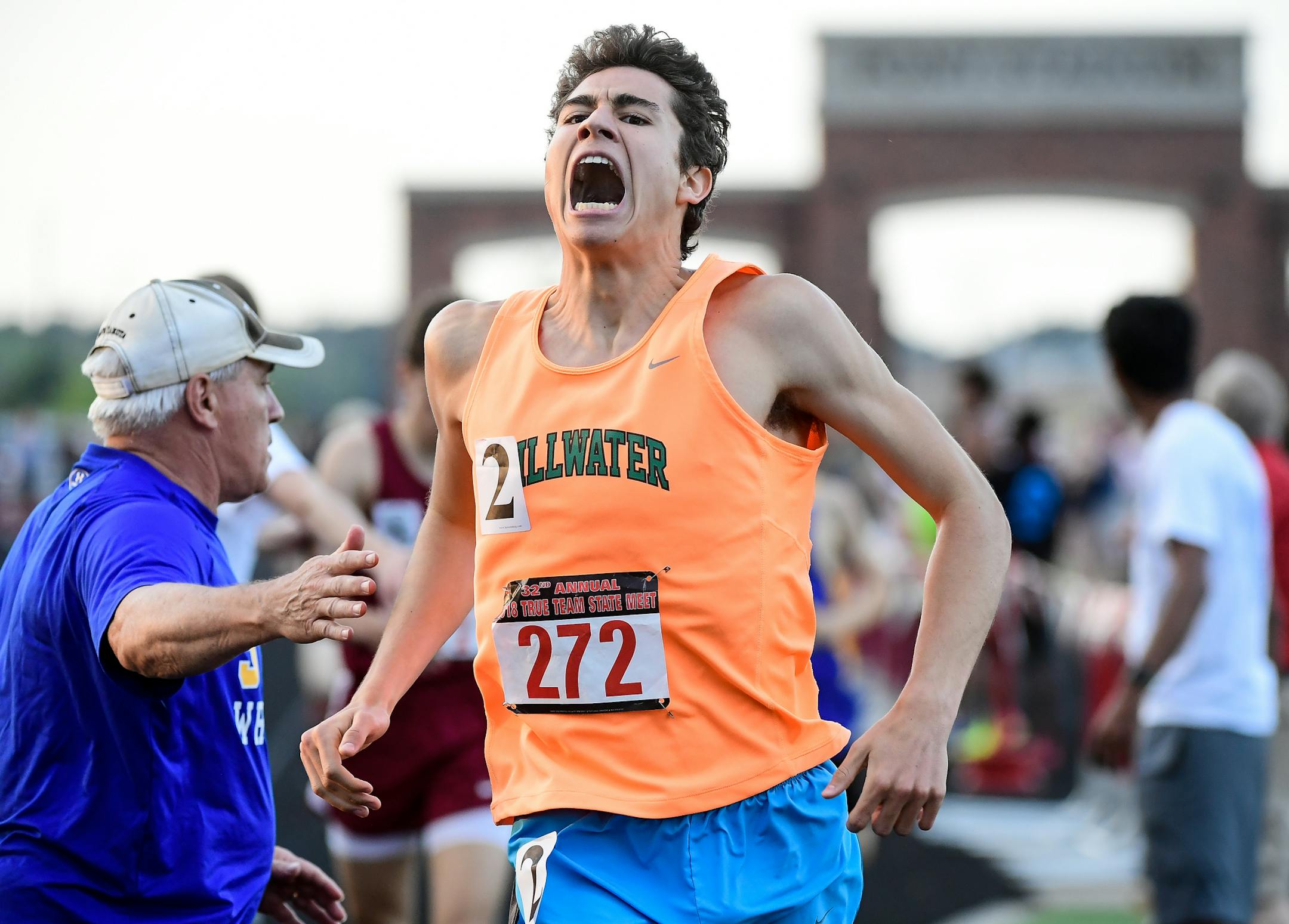 Stillwater's Isaac Krahn reacted after winning his section of the boys 800 meter run with a time of 1:54.65. He placed first overall. ] AARON LAVINSKY ï aaron.lavinsky@startribune.com The Minnesota Class 3A true team track state meet was held Friday, May 18, 2018 at Stillwater High School in Stillwater, Minnesota.