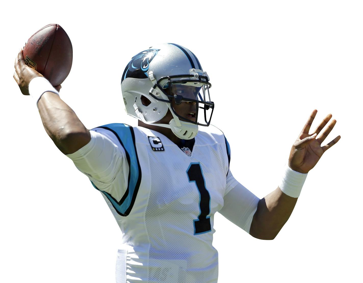 Carolina Panthers' Cam Newton (1) gets a pass off before New York Giants' Keith Rivers (55) can disrupt during the first half of an NFL football game in Charlotte, N.C., Sunday, Sept. 22, 2013. The Panthers won 38-0. (AP Photo/Bob Leverone) ORG XMIT: OTKBL116