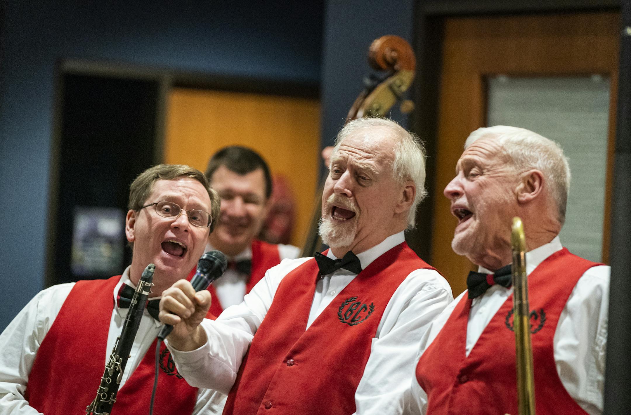 Barbary Coast Dixieland Jazz Band members Fred Richardson, from left, Russ Peterson, and Jim ten Bensel harmonized while performing. ] LEILA NAVIDI &#x2022; leila.navidi@startribune.com BACKGROUND INFORMATION: The Barbary Coast Dixieland Jazz Band played at Friendship Village in Bloomington on Thursday, December 12, 2019.
