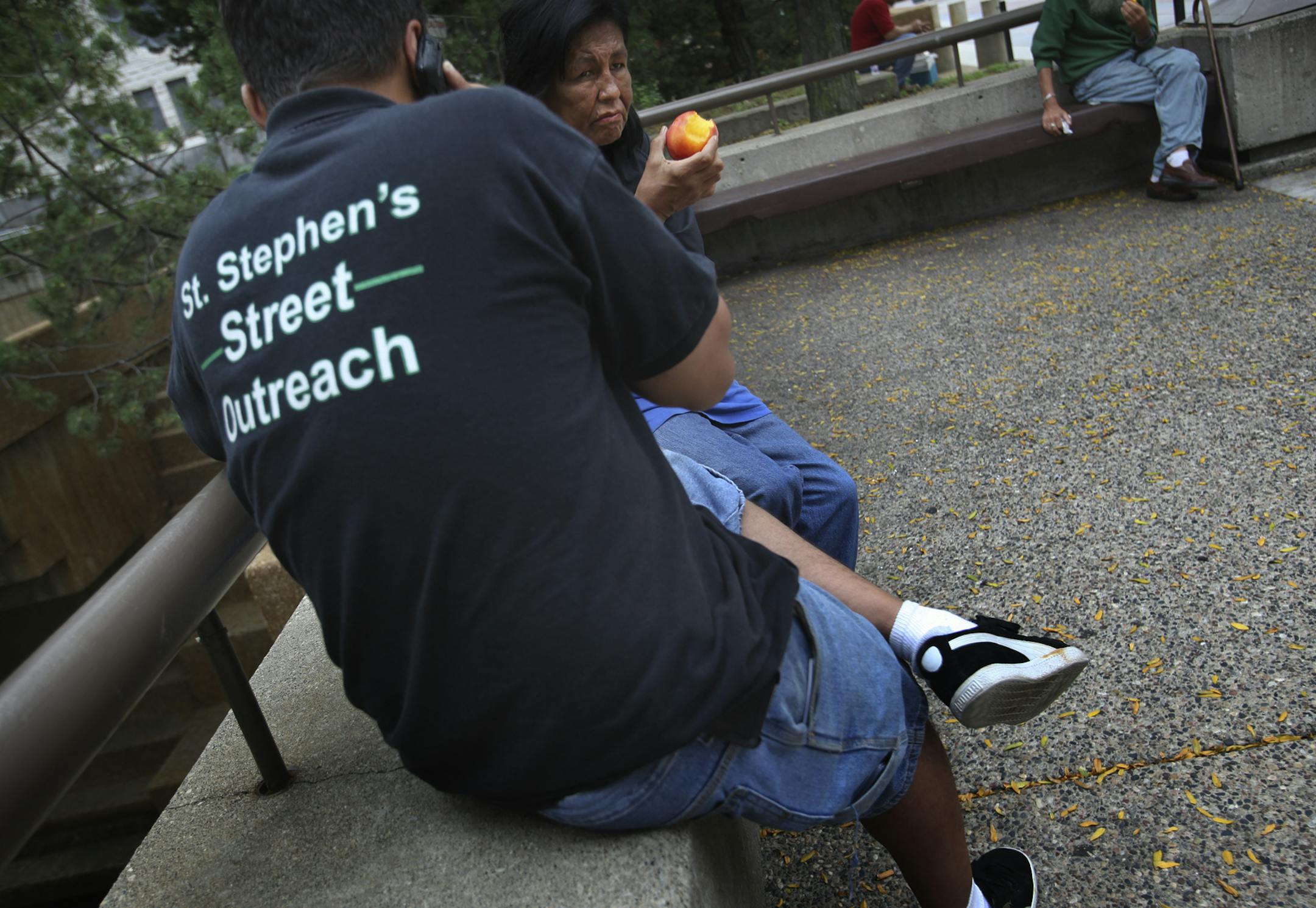 The street outreach workers at St. Stephen's Human Services regularly canvass downtown for homeless residents and try to offer them advice and services. They say that the homeless can be prime targets for violence. Joseph Desenclos, a St. Stephen's street outreach worker. met ? on his rounds checking on the homeless around the neighborhood Thursday, July 19, 2012, in Minneapolis, MN.] People who live out on the streets of Minneapolis can often fall victim to violence, police and advocates say. S