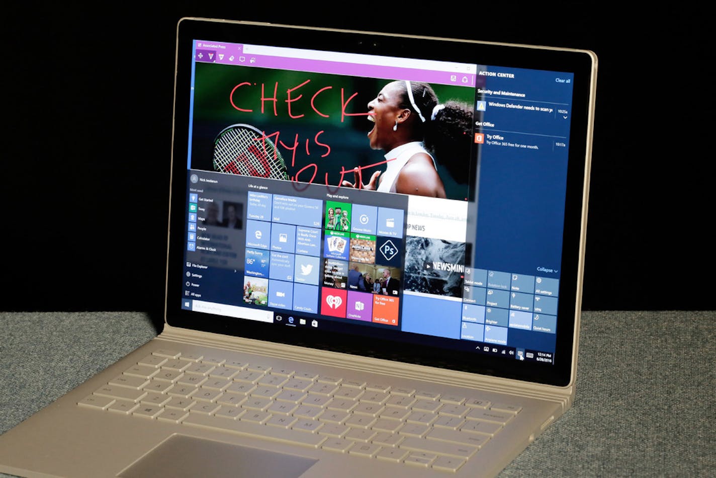 This Tuesday, June 28, 2016, photo shows Windows 10 operating on a Microsoft Surface computer, photographed in New York. Windows 10 modernizes computing by merging the best of desktop and touch-screen experiences. (AP Photo/Richard Drew)