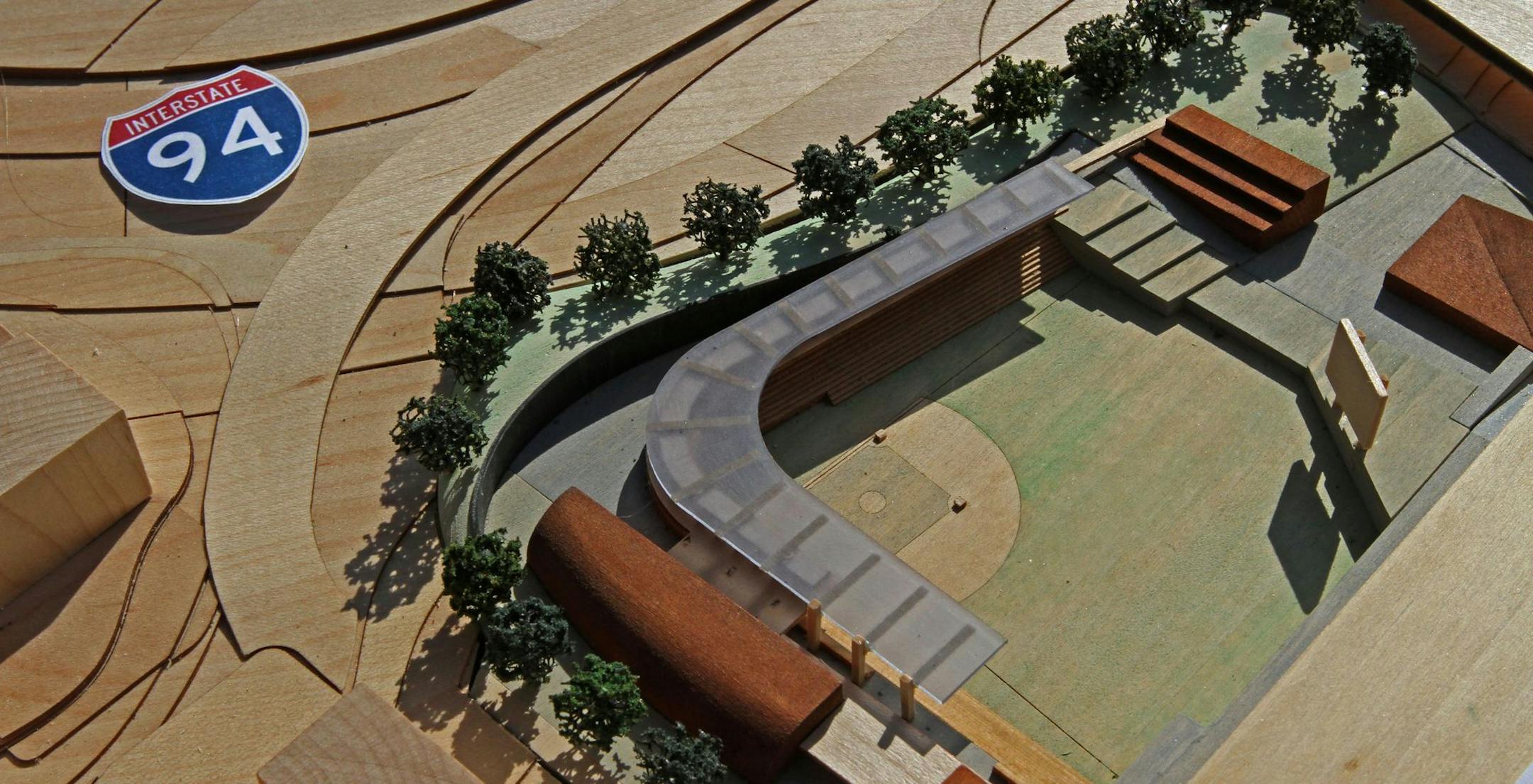 A model of a proposed new ball park for the St. Paul Saints was on display during a wiffle ball game held by the Saints on the Capitol lawn in support of a new stadium for the team on 4/18/12.] Bruce Bisping/Star Tribune bbisping@startribune.com ORG XMIT: MIN2012091215205797