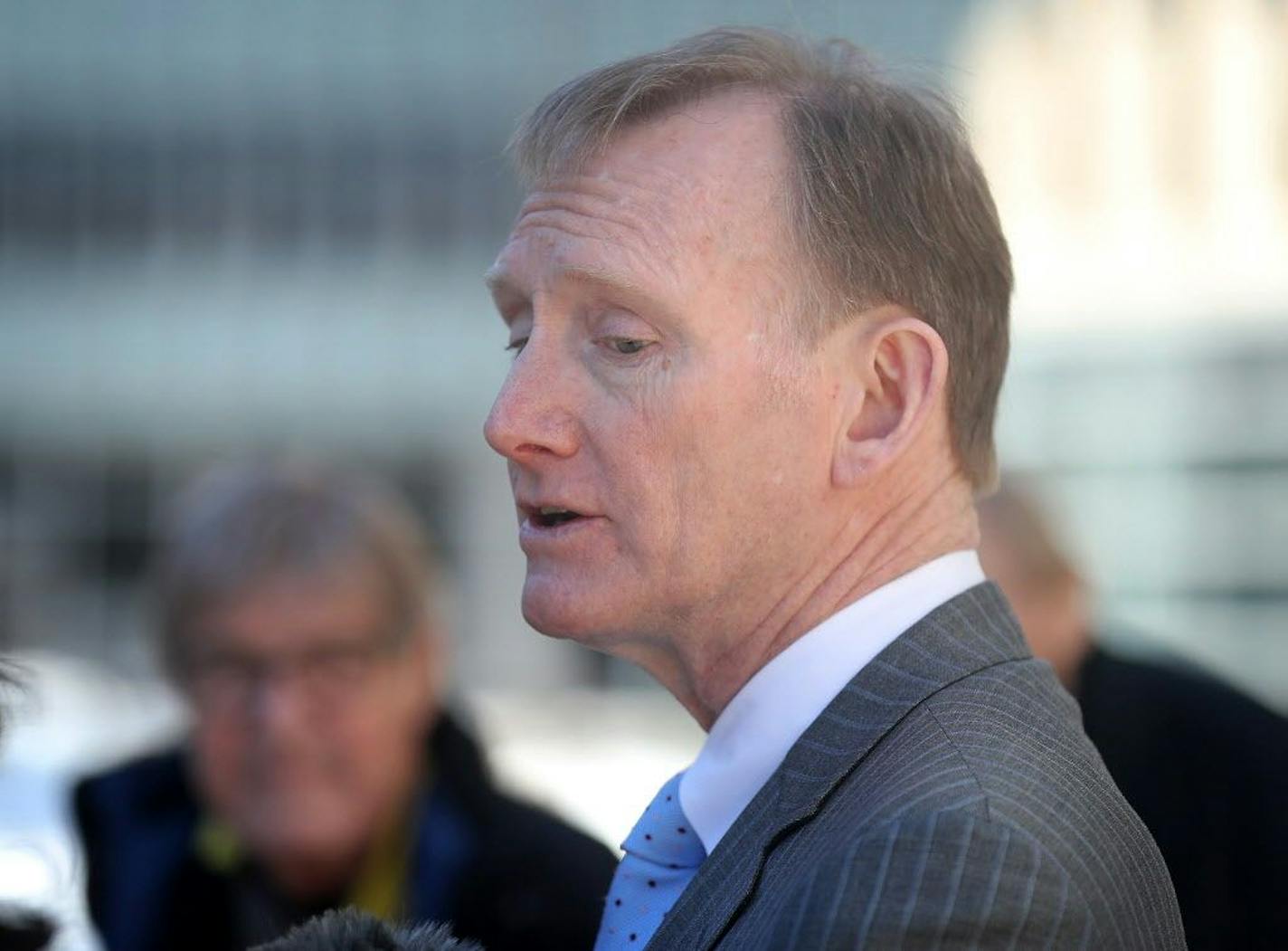 Jerry Ruzicka and W. Jeff Taylor were found guilty on multiple counts, while Larry Miller and Larry Hagen were found not guilty on a split verdict on the Starkey case Thursday, March 8, 2018, at the federal courthouse in Minneapolis, MN. Here, attorney Kevin Short, who represents Larry Hagen, talked to media members after the verdict.