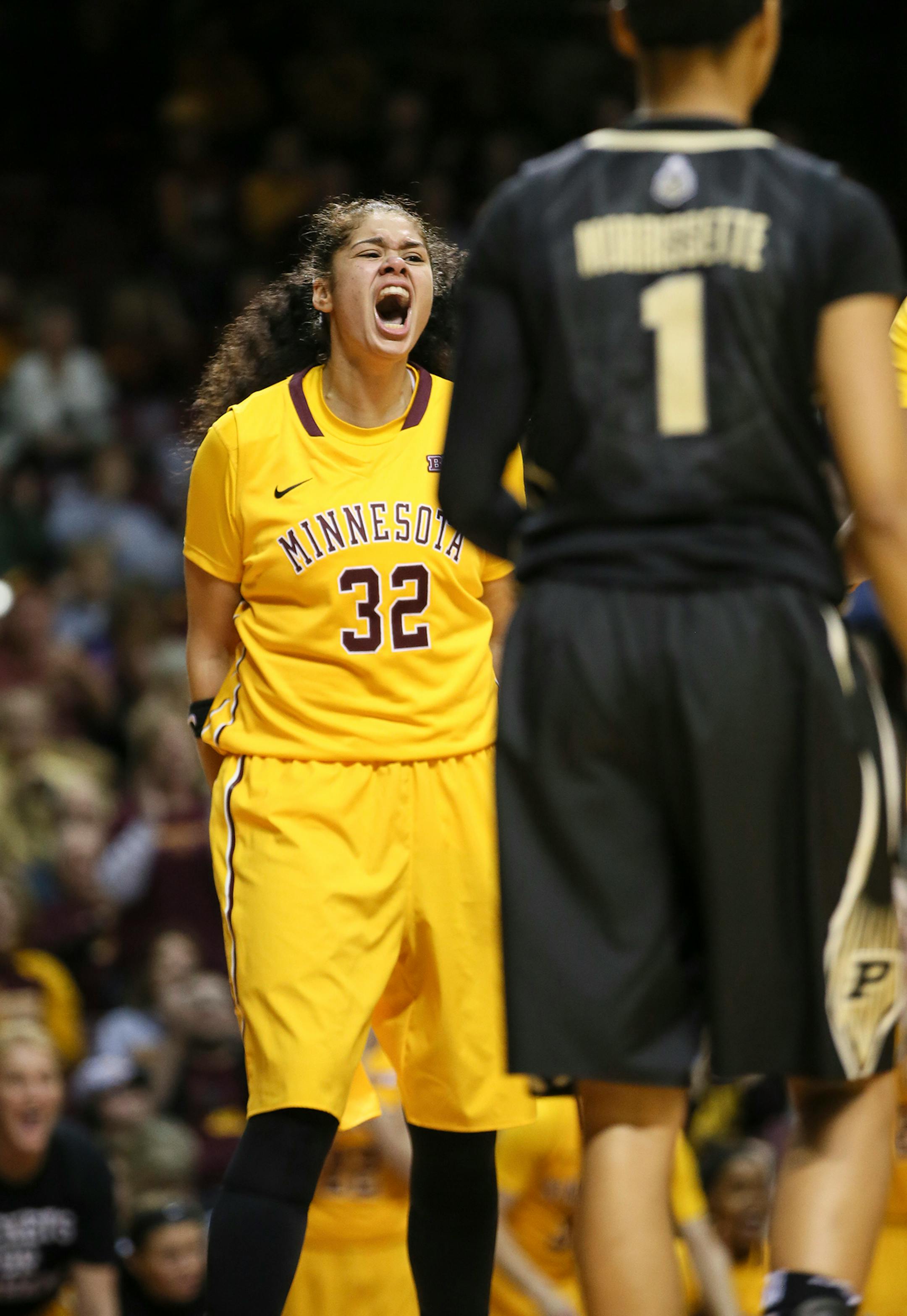 Gophers Amanda Zahui B. celebrated after making a a two-point shot and getting an extra foul shot during the second half. ] RENEE JONES SCHNEIDER • reneejones@startribune.com Minnesota Gophers women's basketball verse. Purdue Boilermakers at Williams Arena at the University of Minnesota on Thursday, January 22, 2015 in Minneapolis, Minn.
