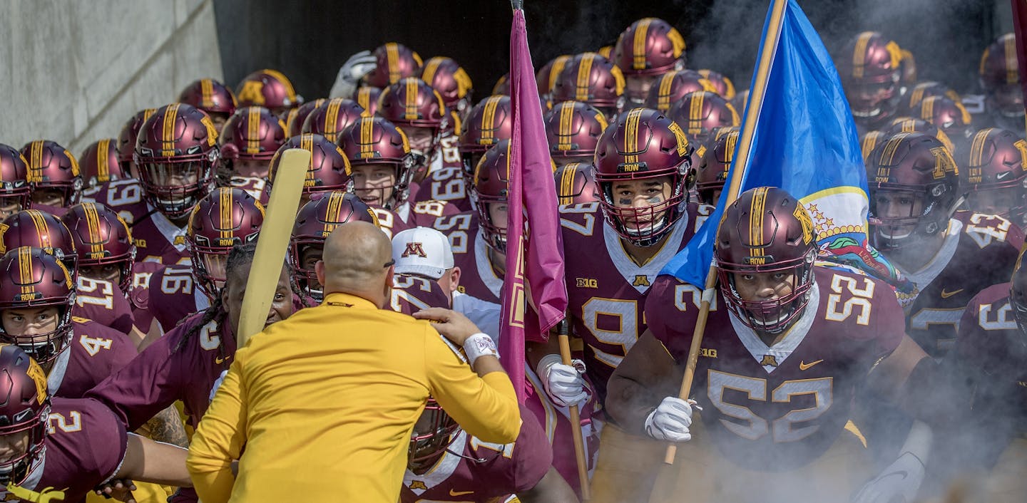 Minnesota's Head Coach P. J. led the team onto the field from the tunnel before Minnesota took on Miami (Ohio), Saturday, September 15, 2018 in Minneapolis, MN.