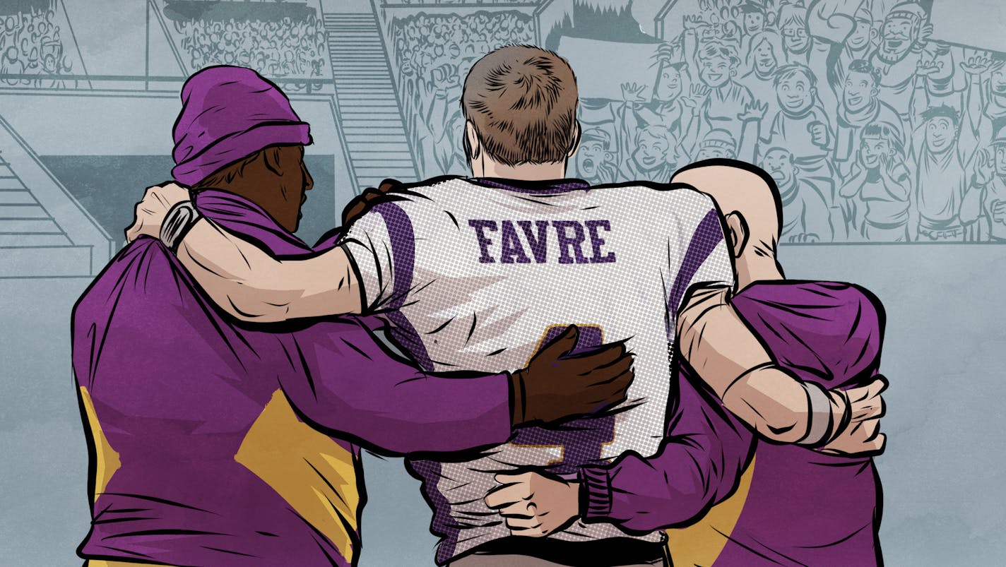 Inside illustration to go with the Oral History of Brett Favre's Arrivale in Minneapolis. This image shows former quarterback Brett Favre being helped off the football field during a game in 2010. It was drawn from a photo taken on Oct. 31, 2010 when Favre was injured in a game against the New England Patriots. Publication date is August 18, 2019. Illustration by Rafa Alvarez, Special to the Star Tribune